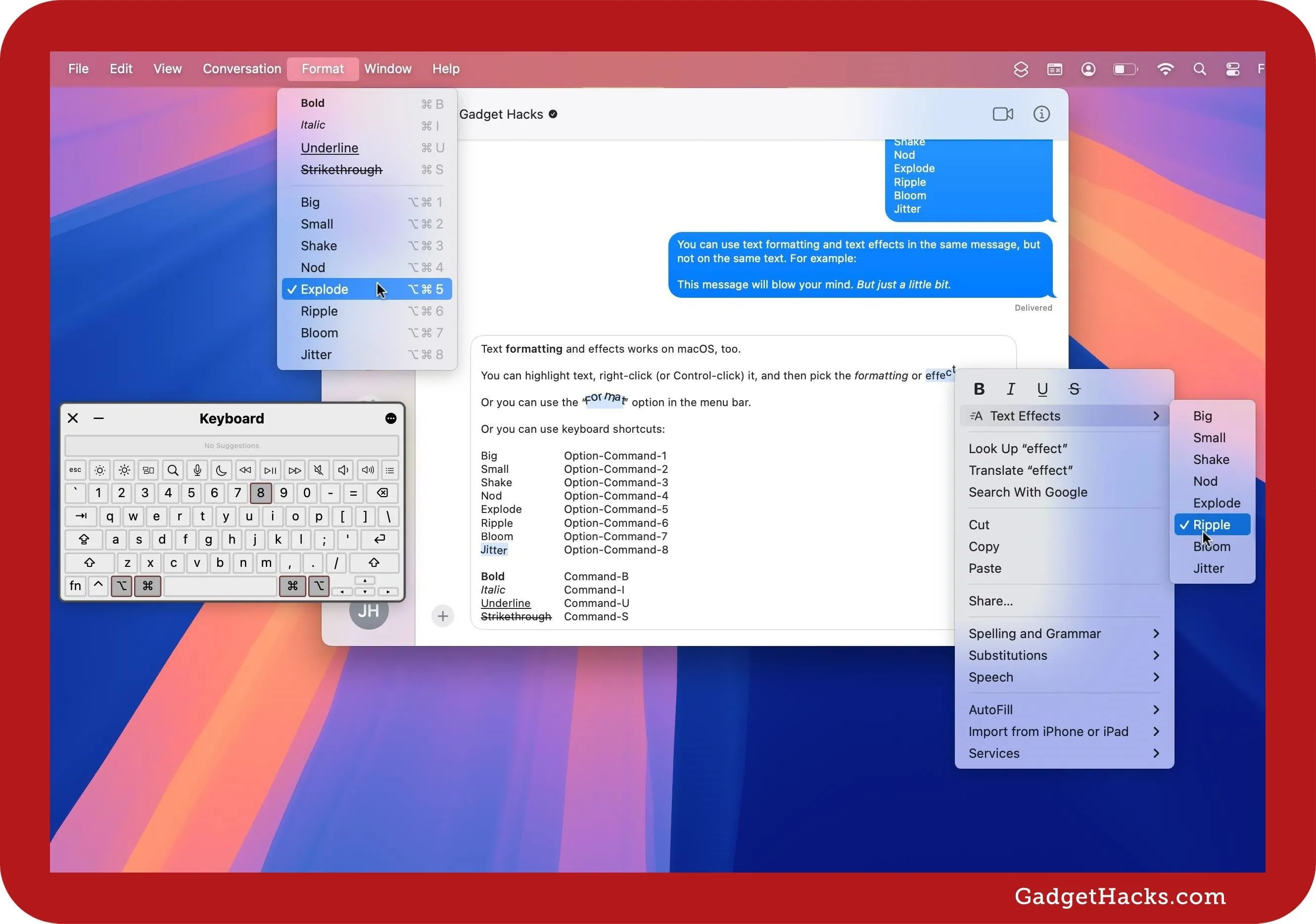 A screenshot of a text messaging application and keyboard interface on a computer screen.