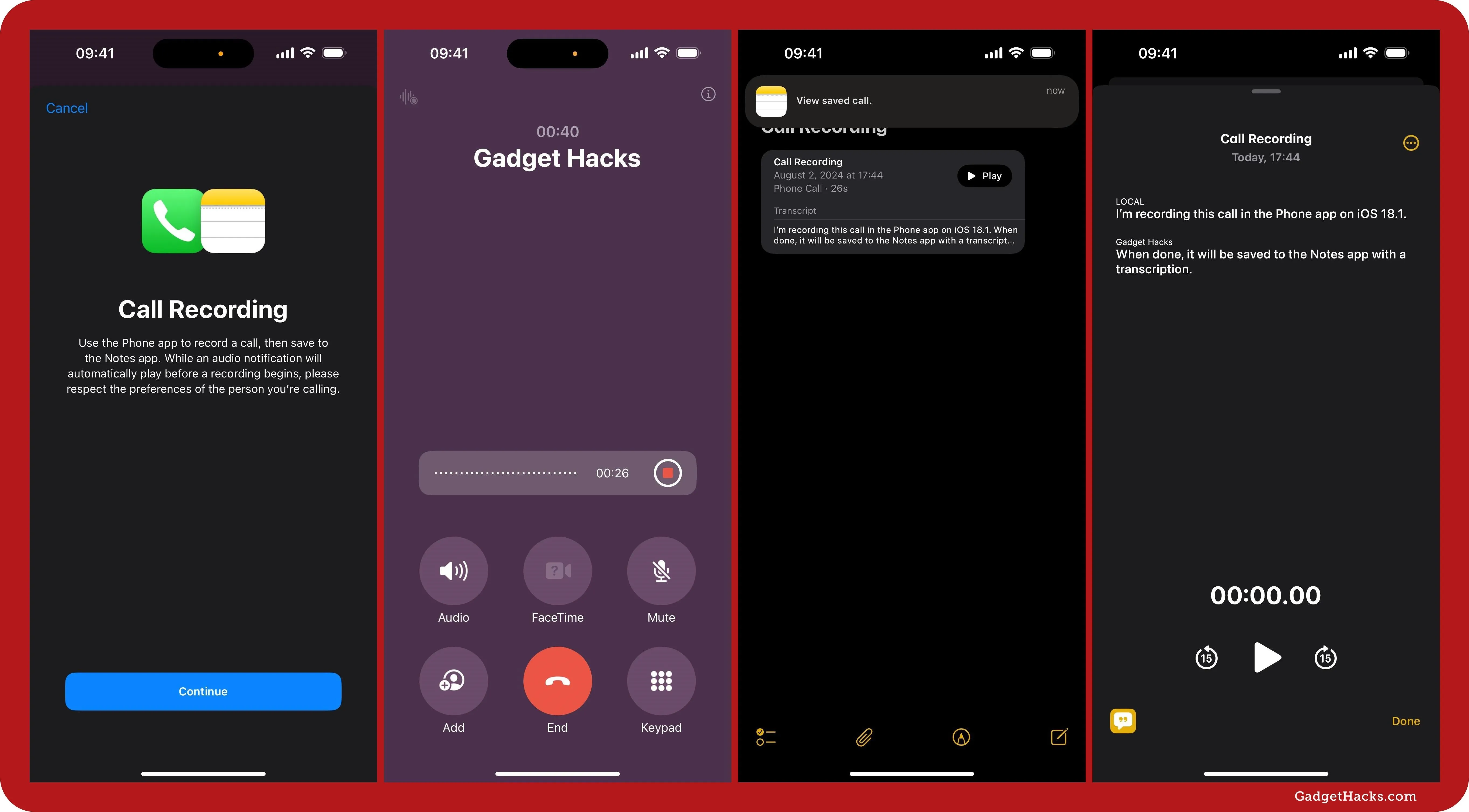 Call recording feature on a smartphone with interface screenshots.