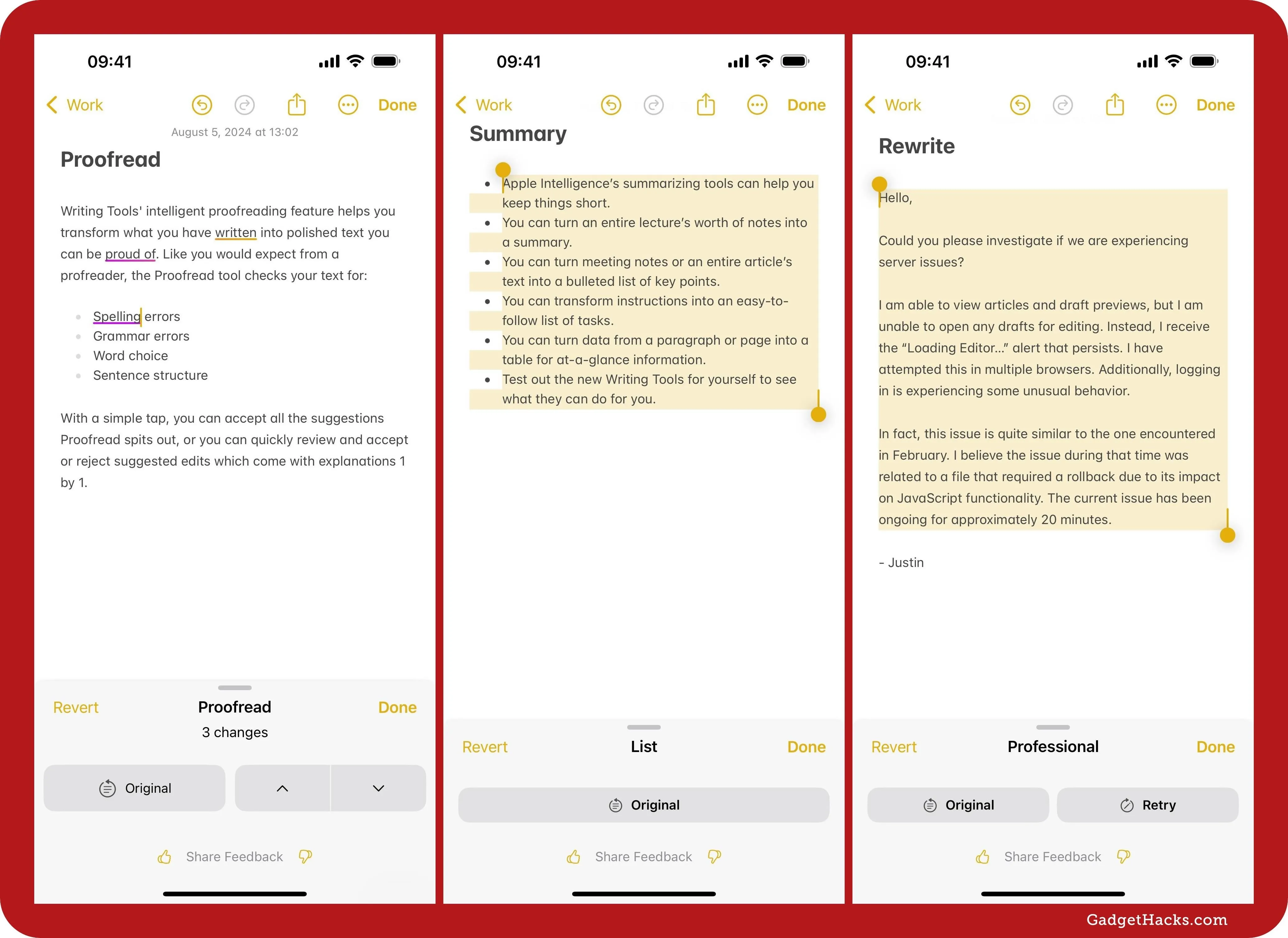 Notes summarizing key benefits and proofreading suggestions on a mobile device.