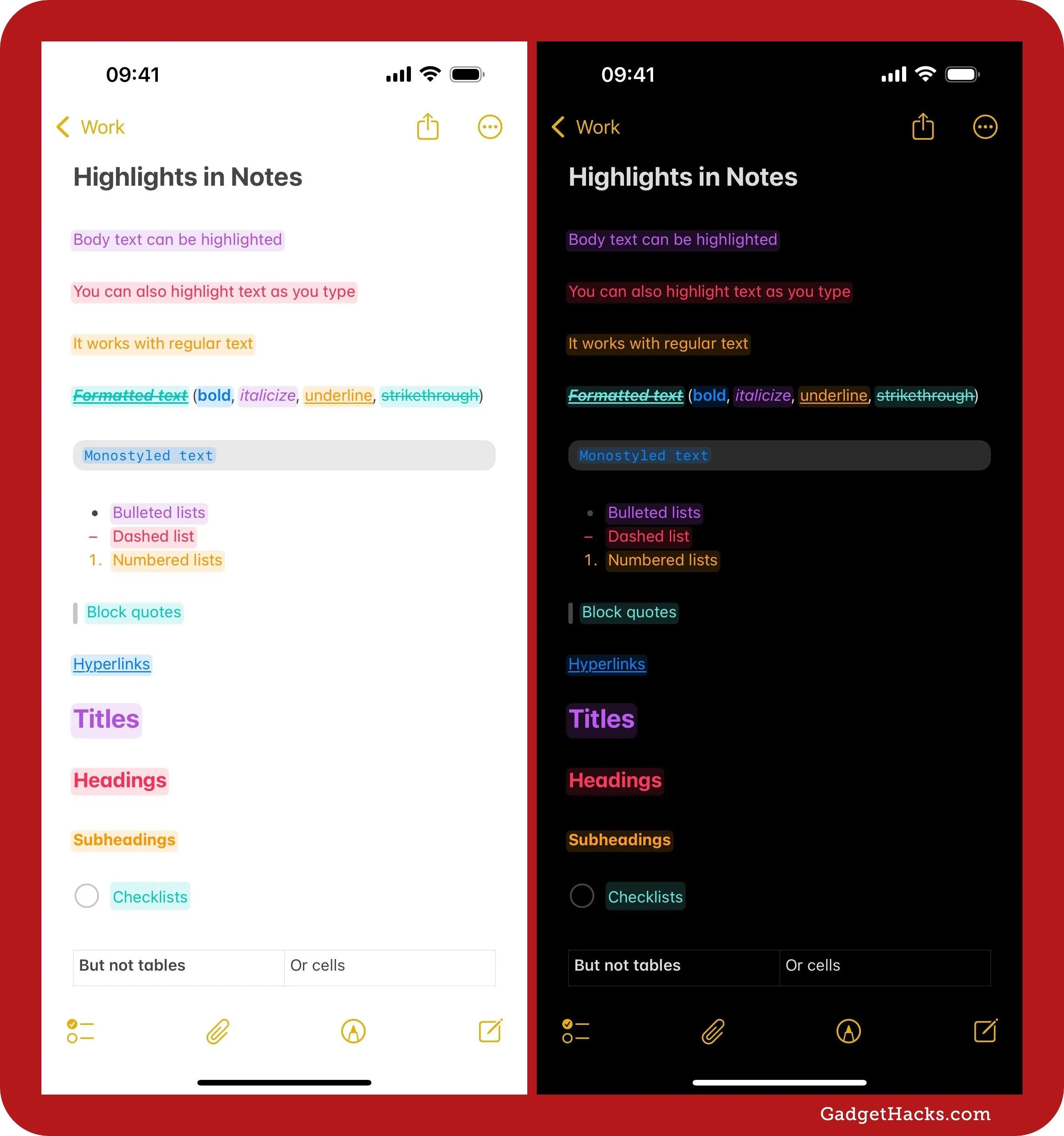 Notes app interface showing highlighted text in both light and dark modes.