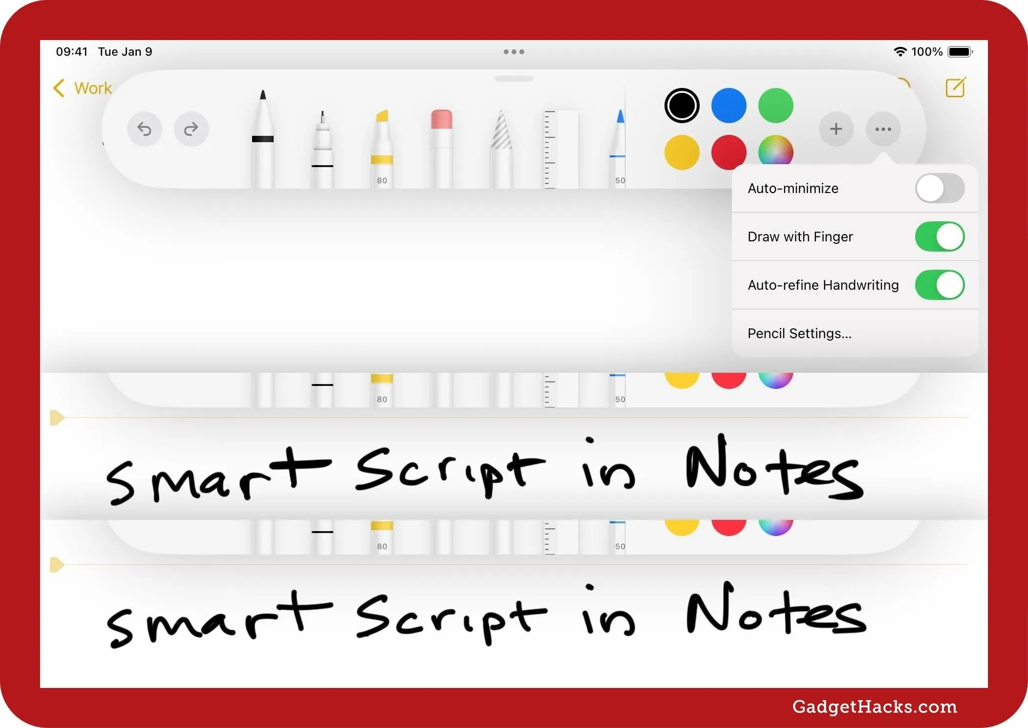 Smart Script feature in a digital note-taking app with various drawing tools visible.