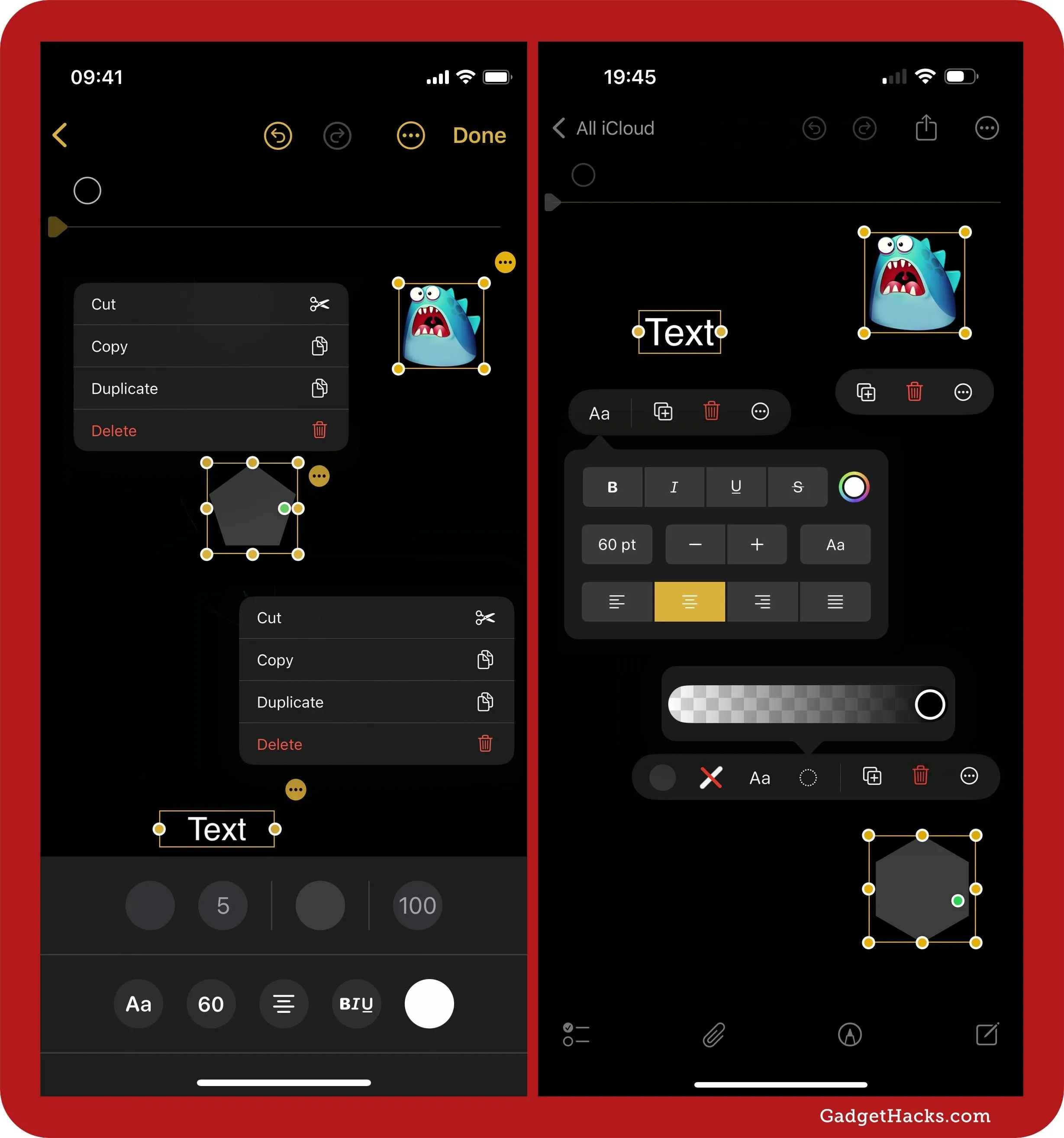 Editing tools interface for graphic design software on a mobile device.