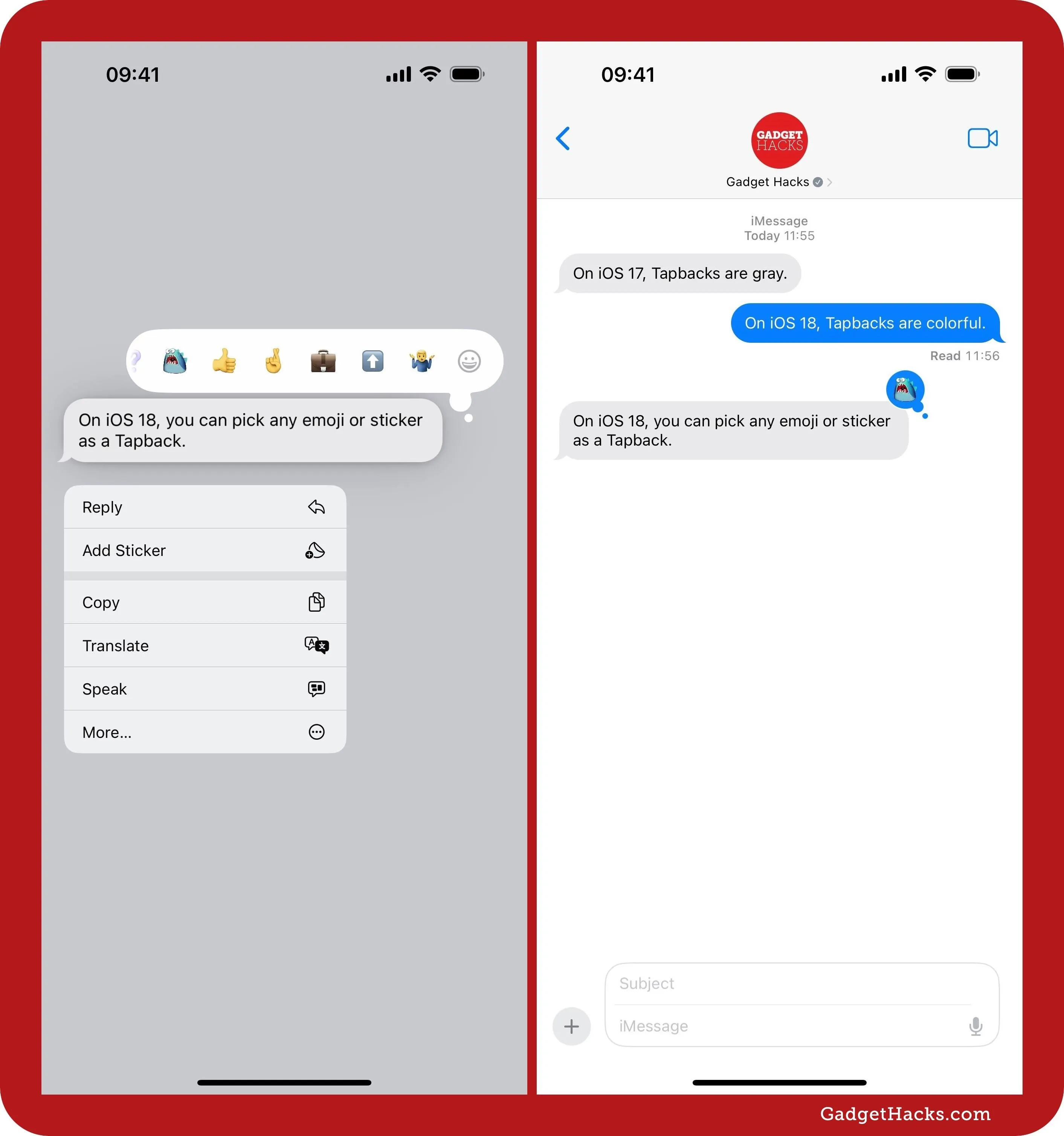 Screenshots of a messaging application showing text conversation options on one side and an ongoing text conversation on the other.