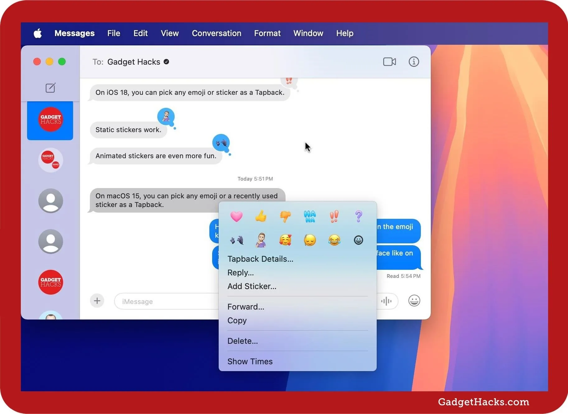 Chat conversation on a messaging application with emojis and options menu.