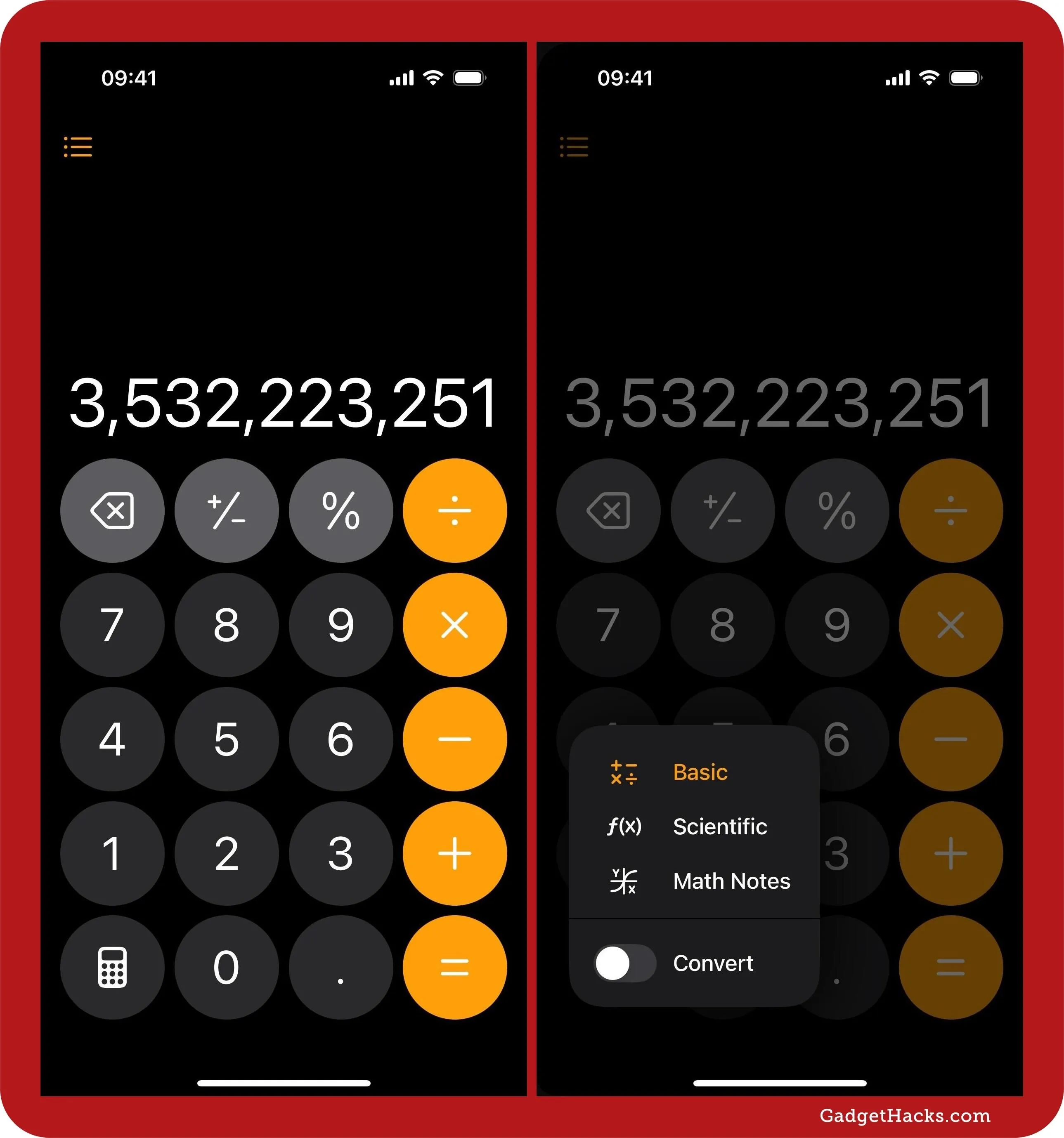 Calculator app displaying large numbers and options.