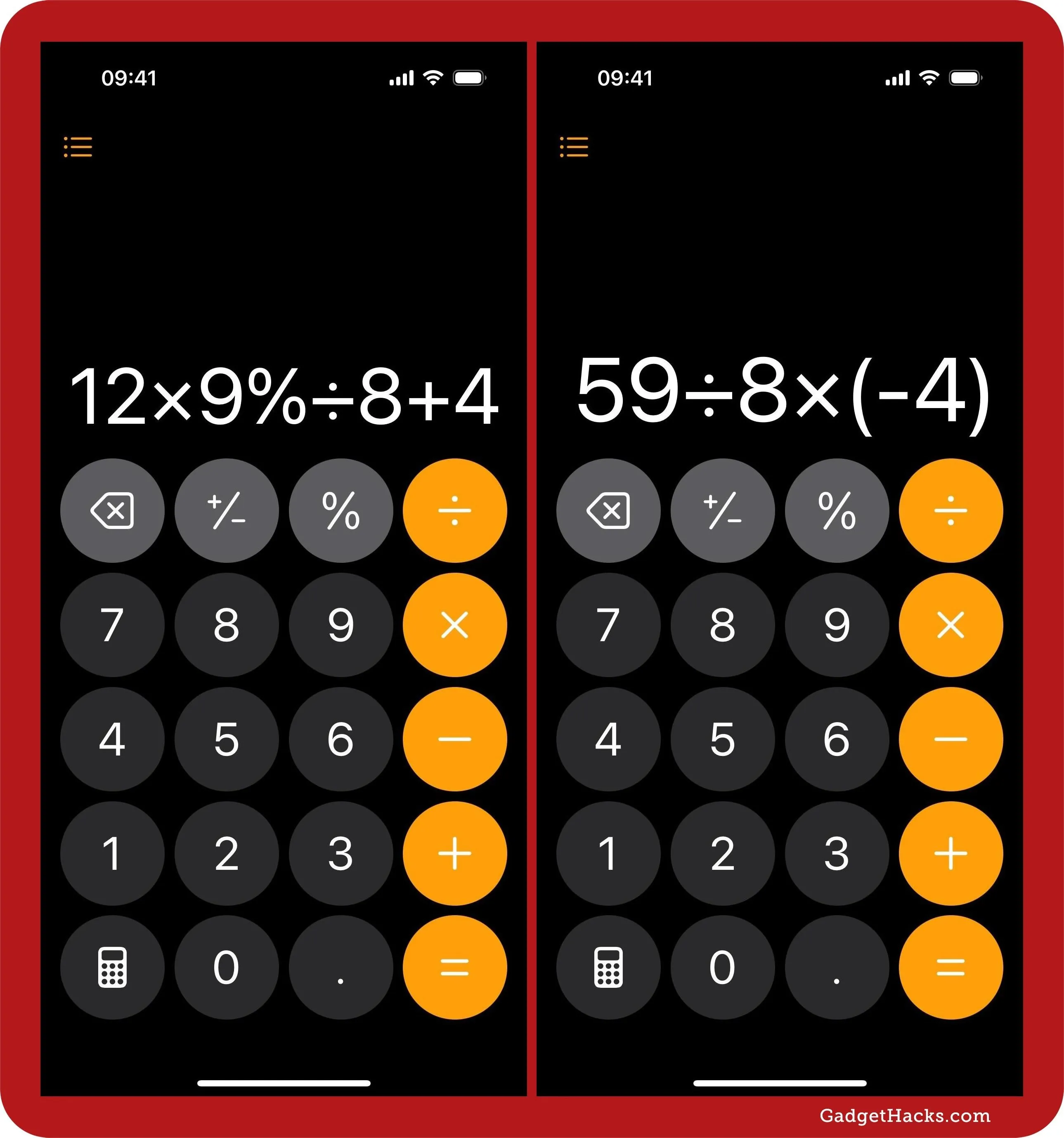 Calculator displaying mathematical expressions: "12×9%+8+4" on the left and "59+8×(-4)" on the right.