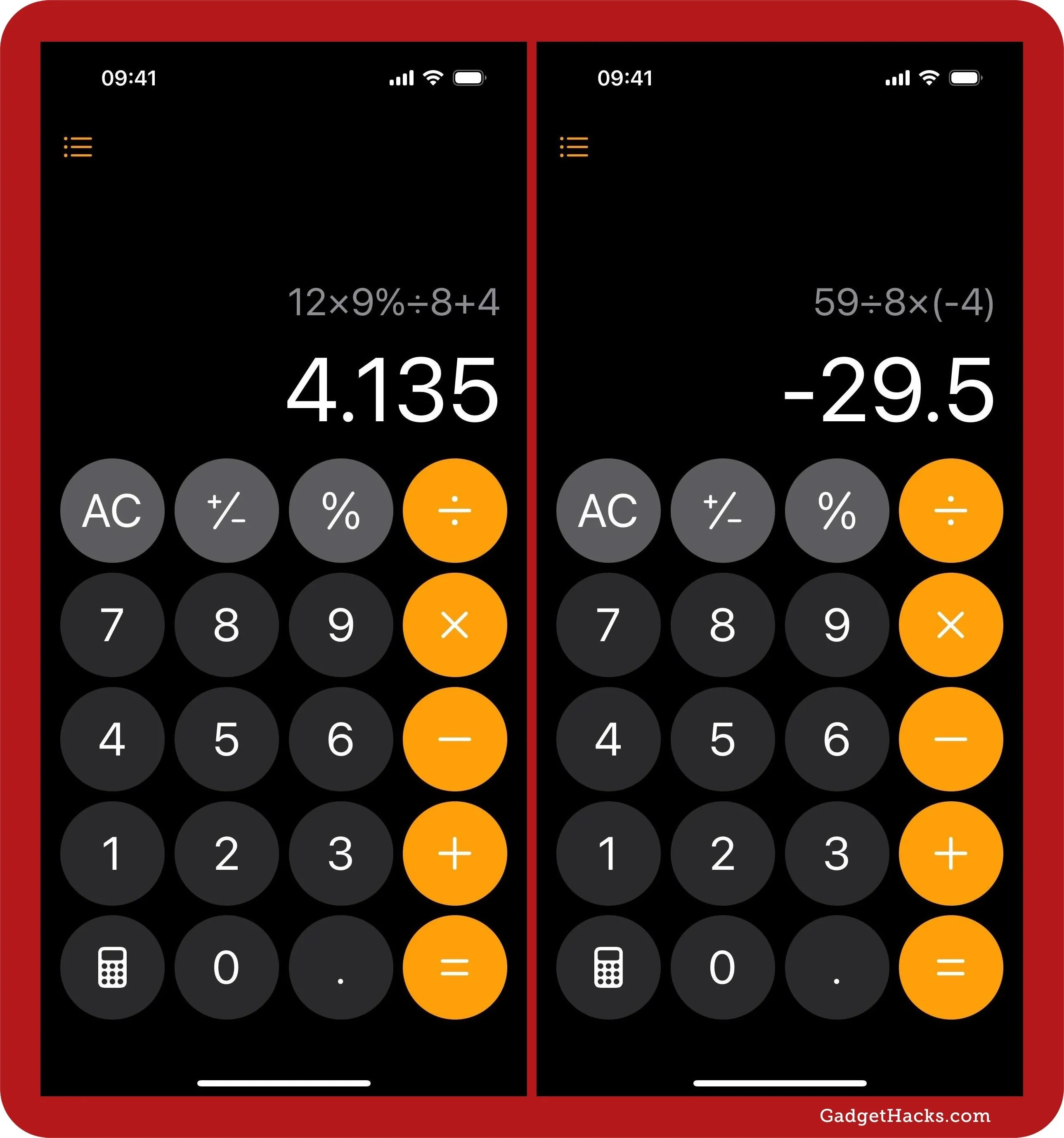 Calculator displaying two results: 4.135 and -29.5.