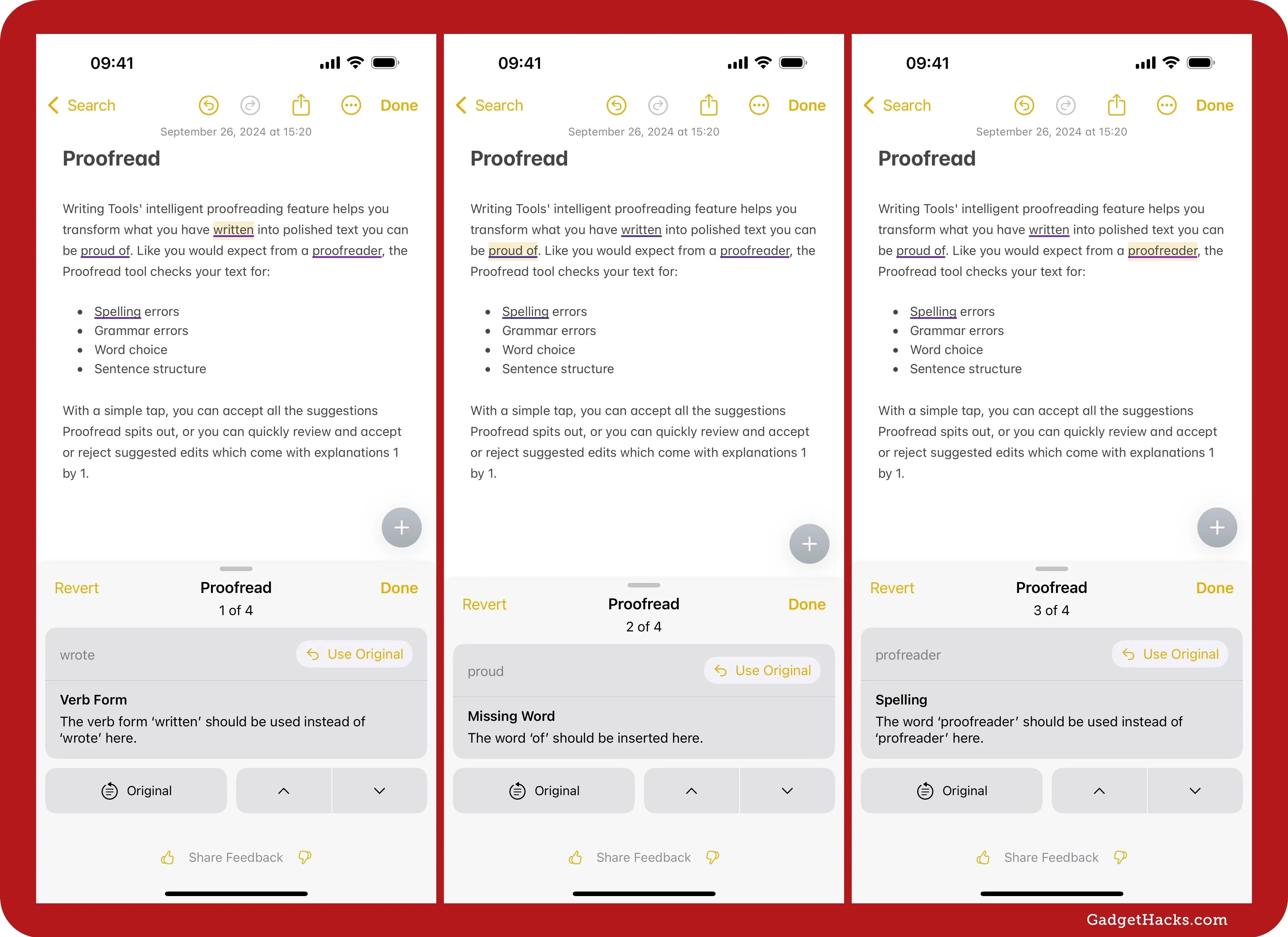 Proofread app interface showing features like spell check, grammar correction, and writing style suggestions across three screens.