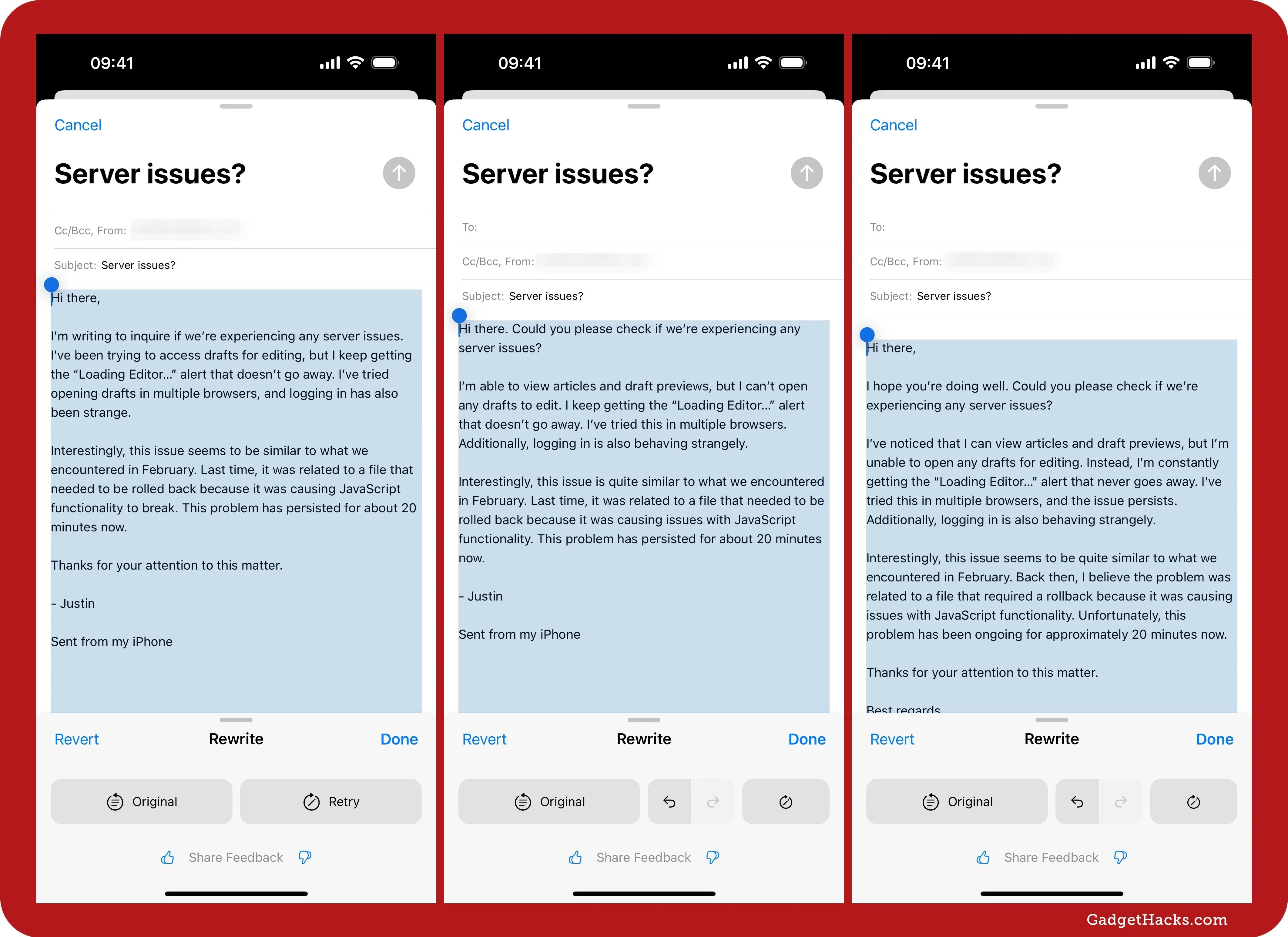 Email communication regarding server issues with blue text highlighted on a mobile device.