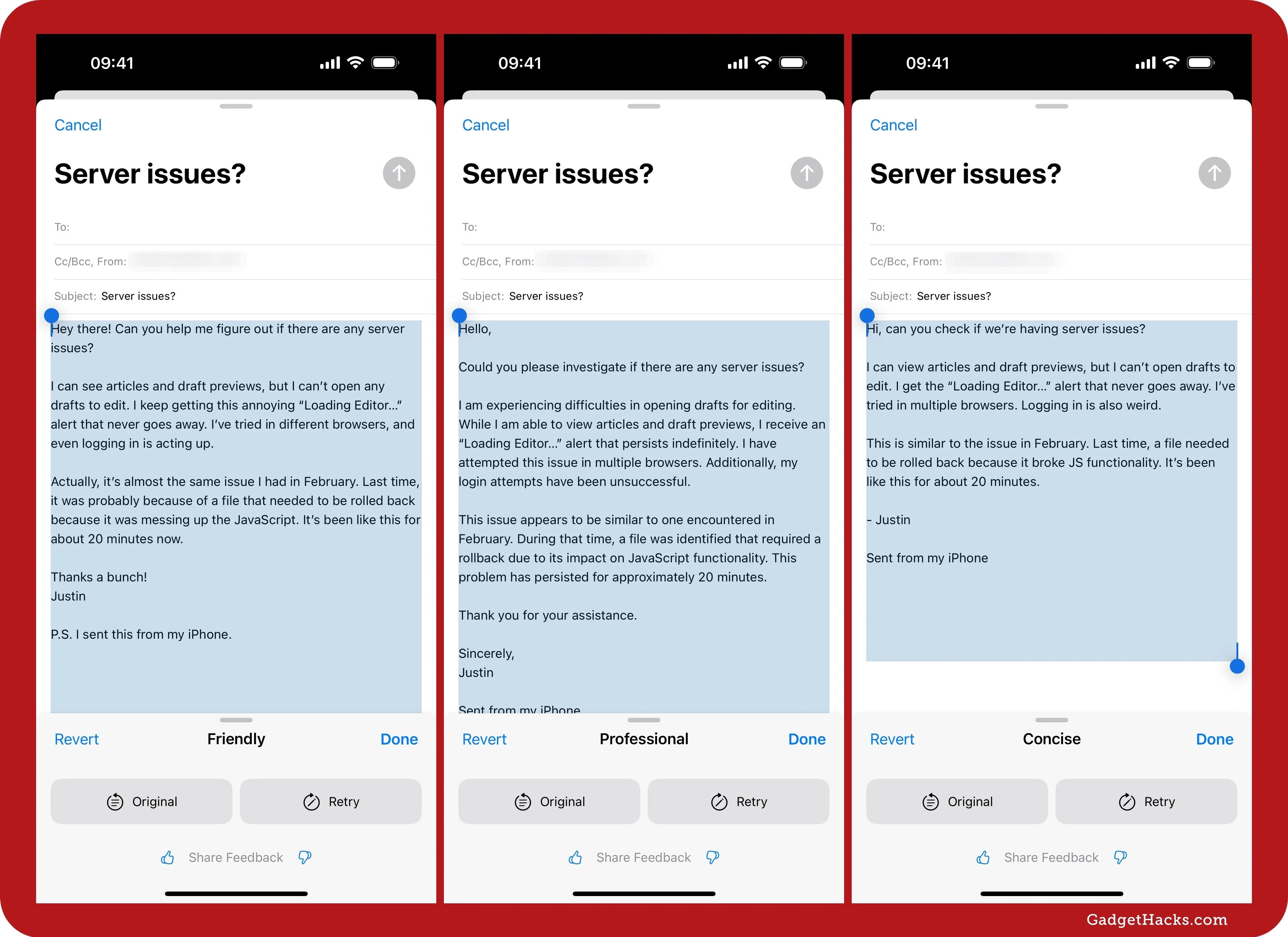 Screenshots of a mobile interface displaying a "Server Issues?" message with user feedback options.