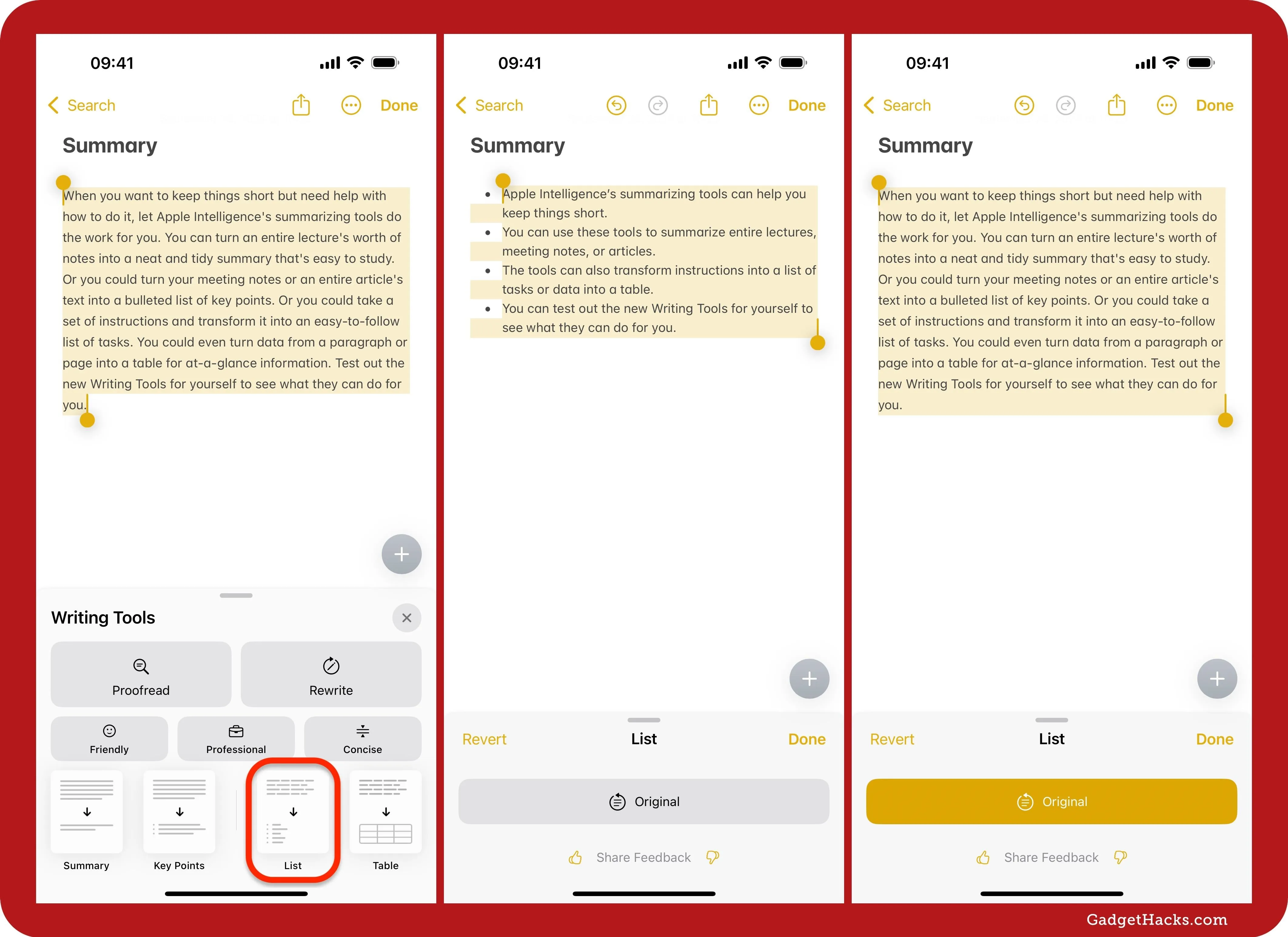 A set of three mobile screenshots displaying a text summarization app with highlighted text and writing tools.