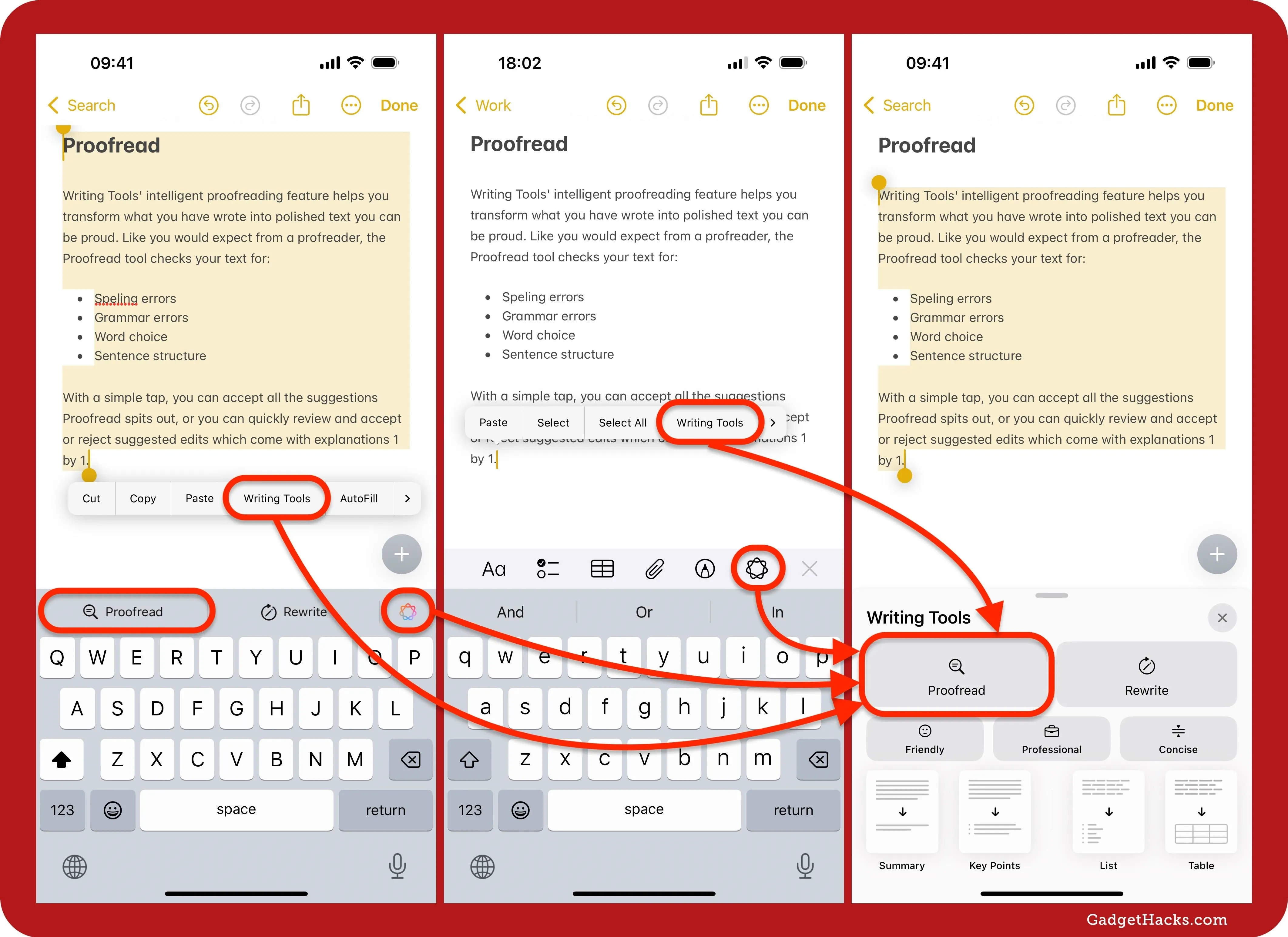 Screenshot demonstrating a mobile app interface for proofreading and editing text, highlighting keyboard and navigation features.