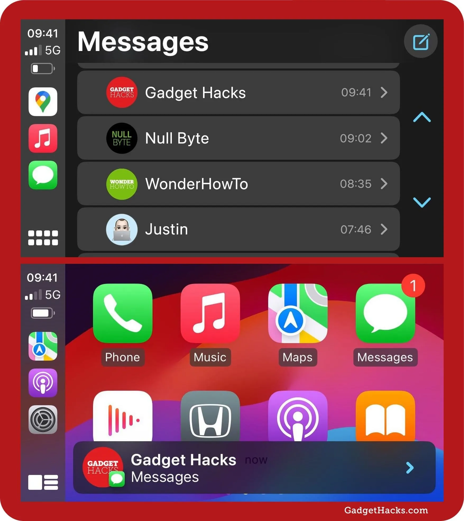 Smartphone messaging interface displaying recent conversations and app icons.