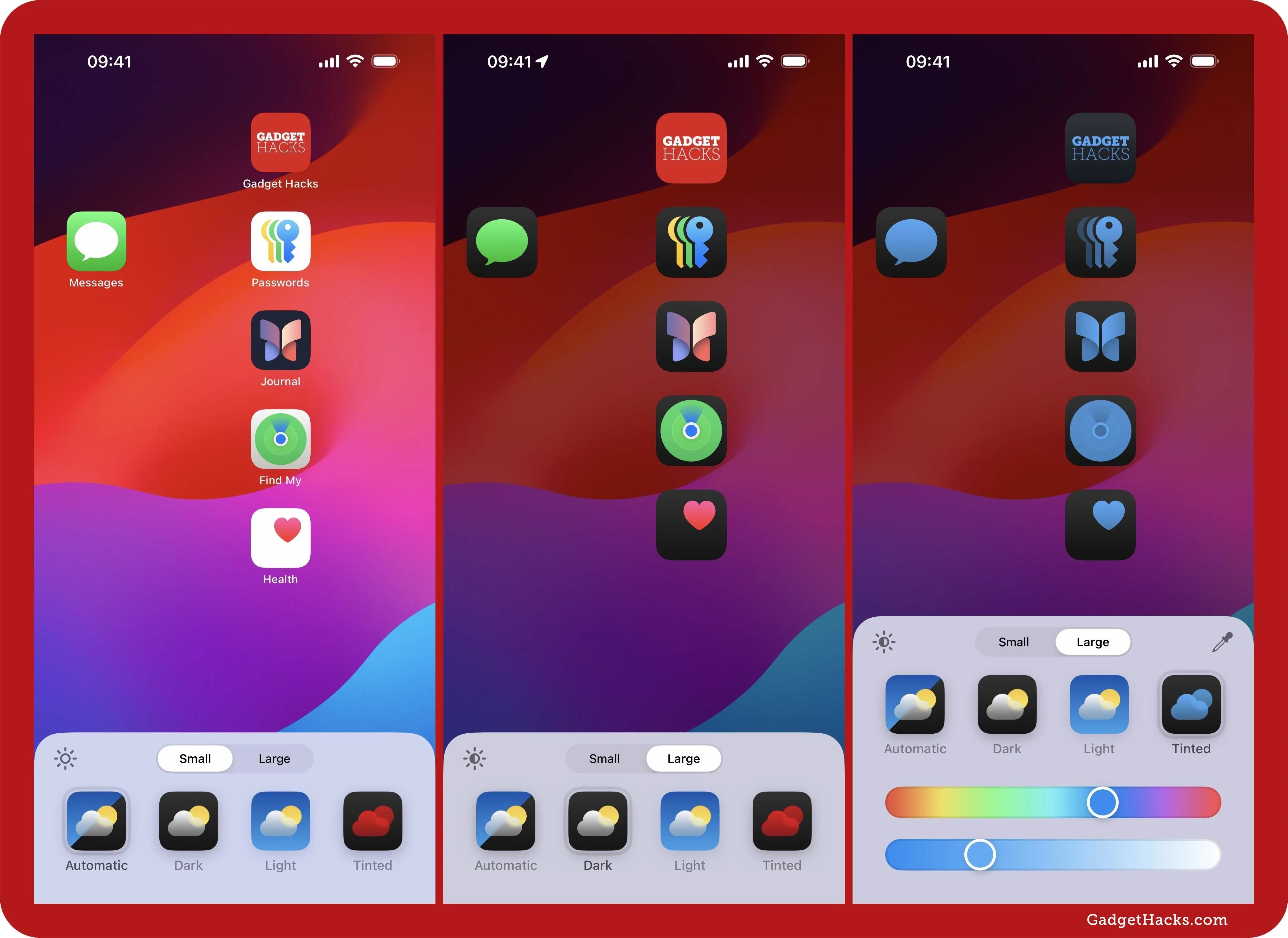 Screenshots of mobile app home screens with customizable icons and color themes.