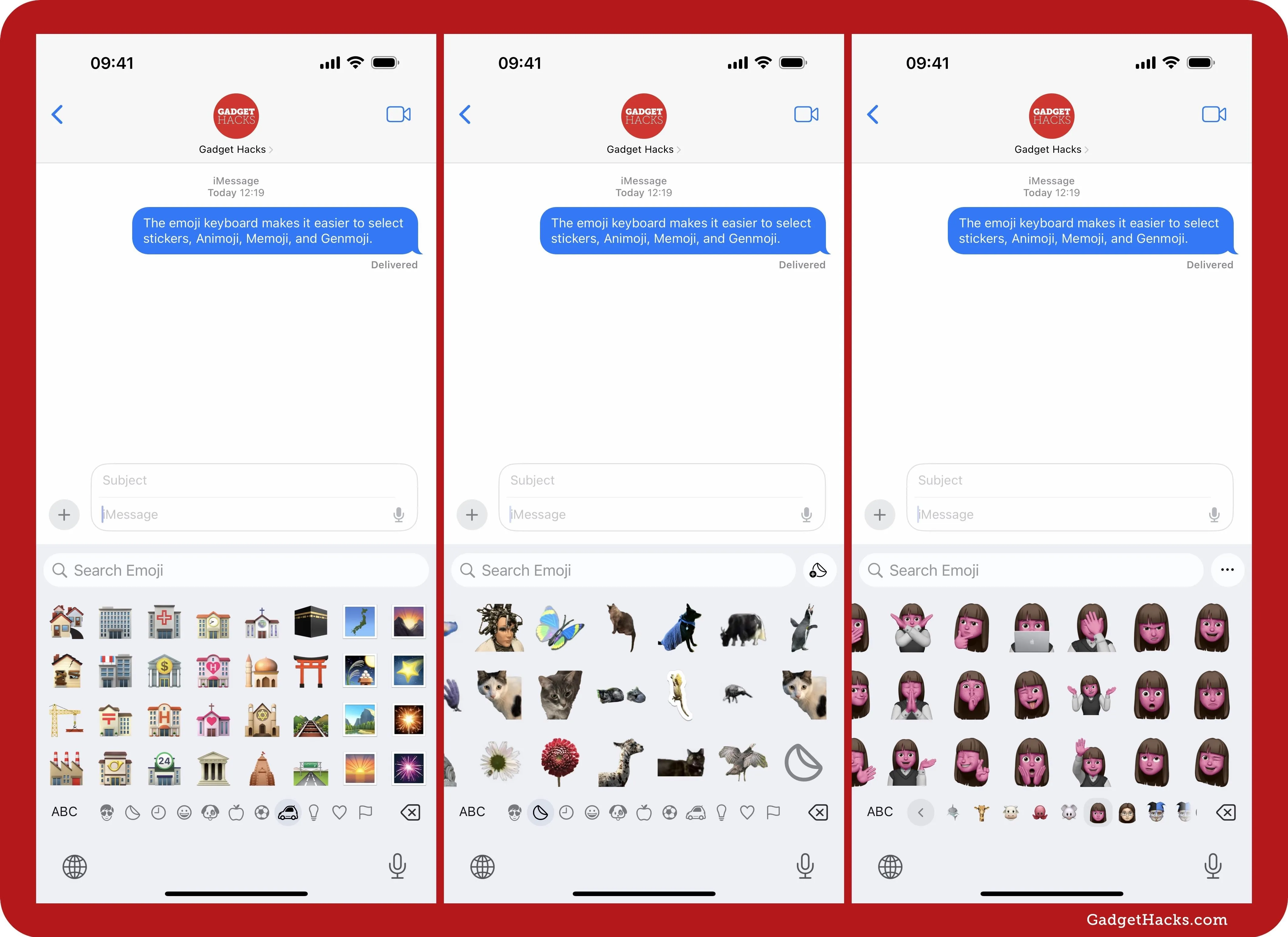 Screenshots of a messaging app displaying text messages and emoji options.