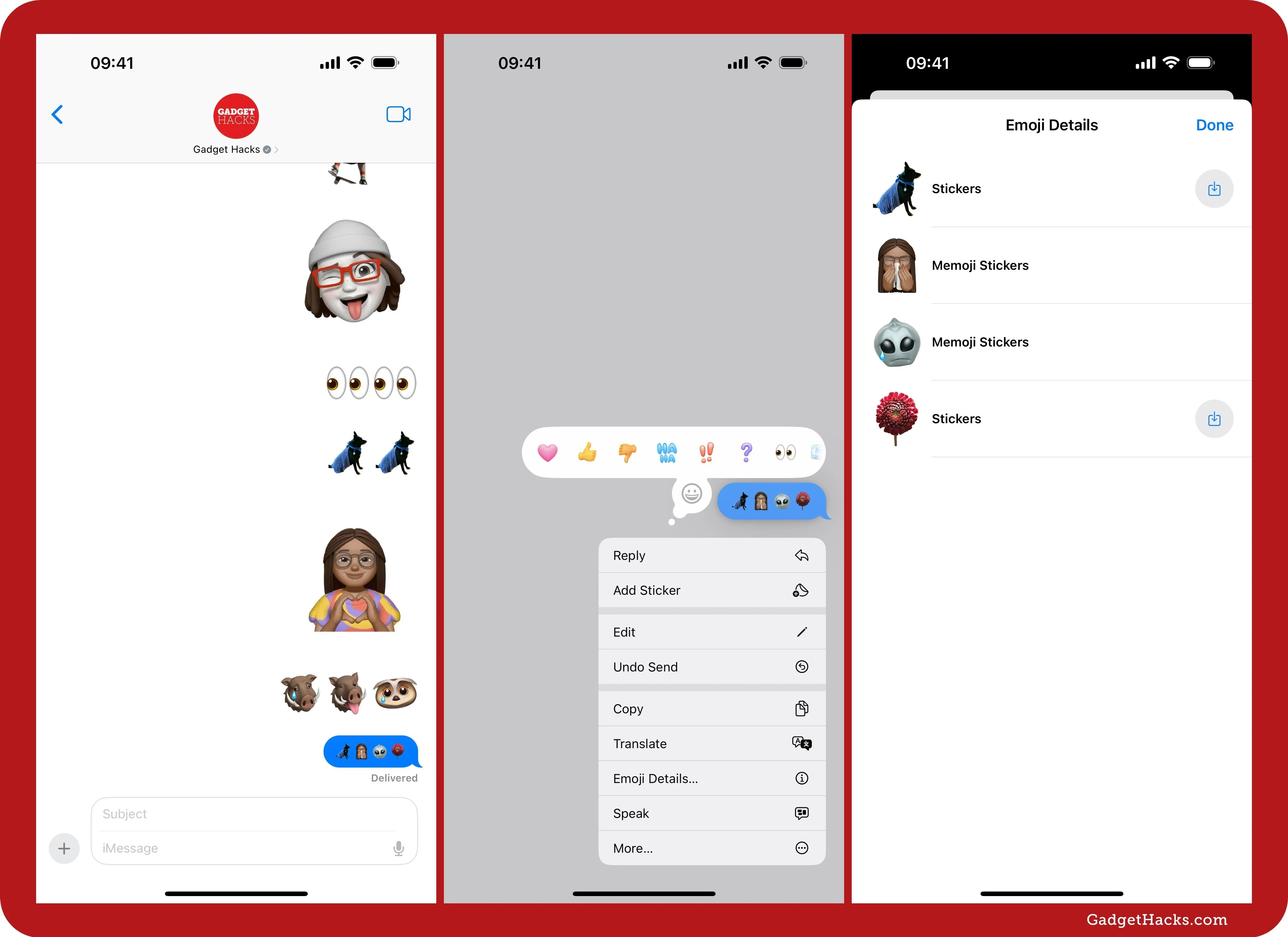 Screenshots showcasing a messaging app interface with emojis and stickers.