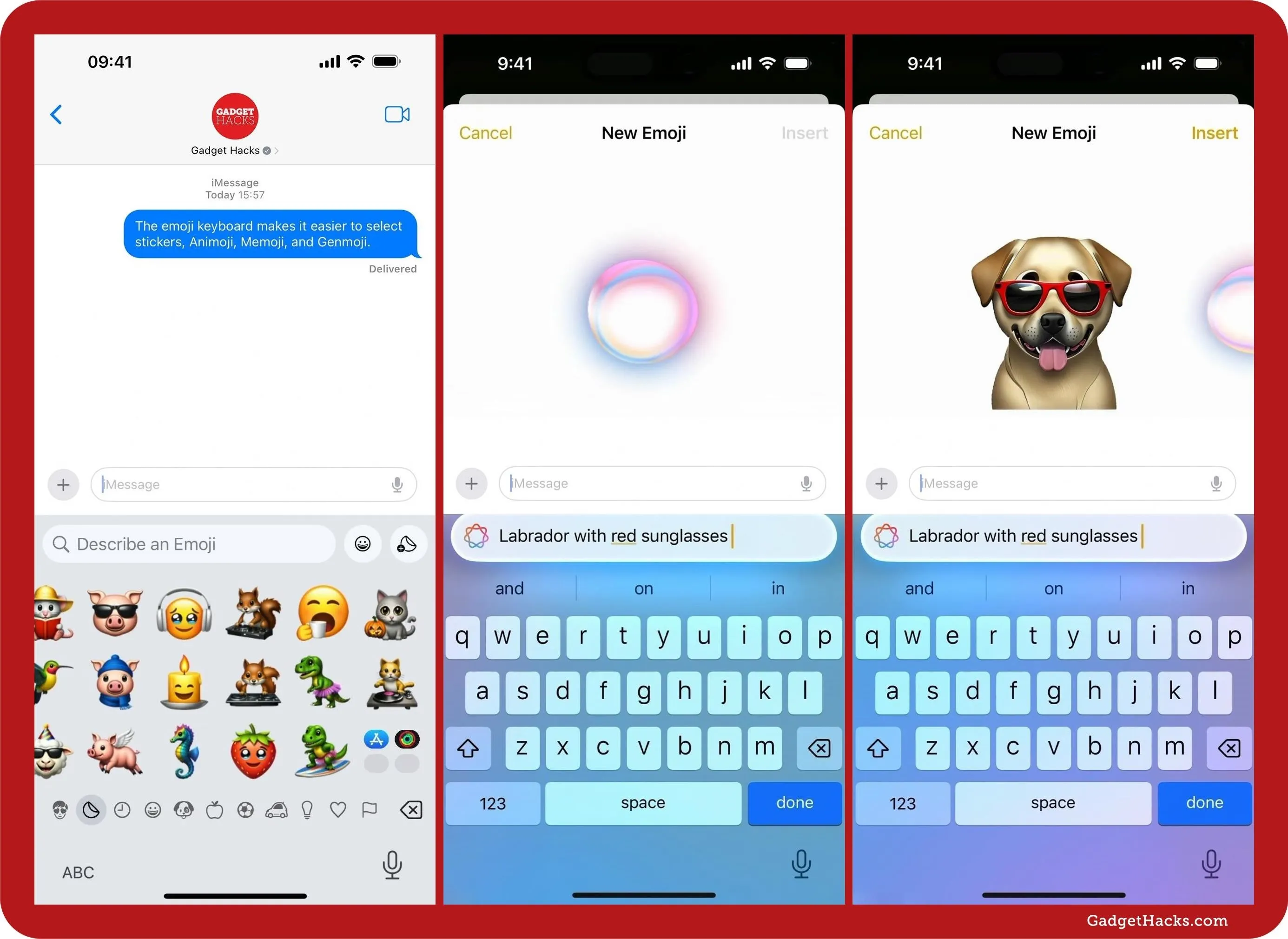 Messaging app interface showcasing text, emojis, and a dog emoji illustration.