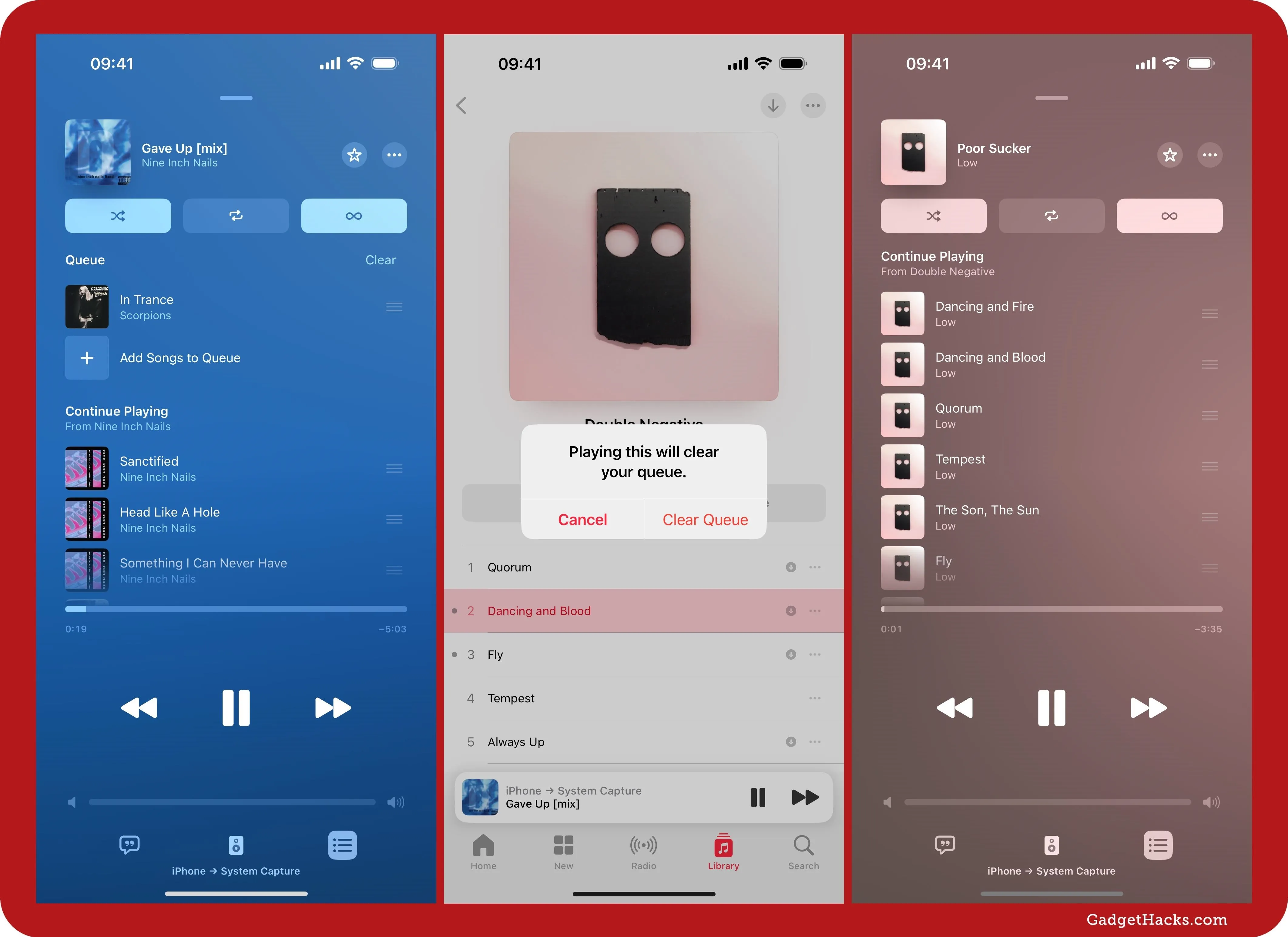Music streaming app interface showing playback controls and track information.