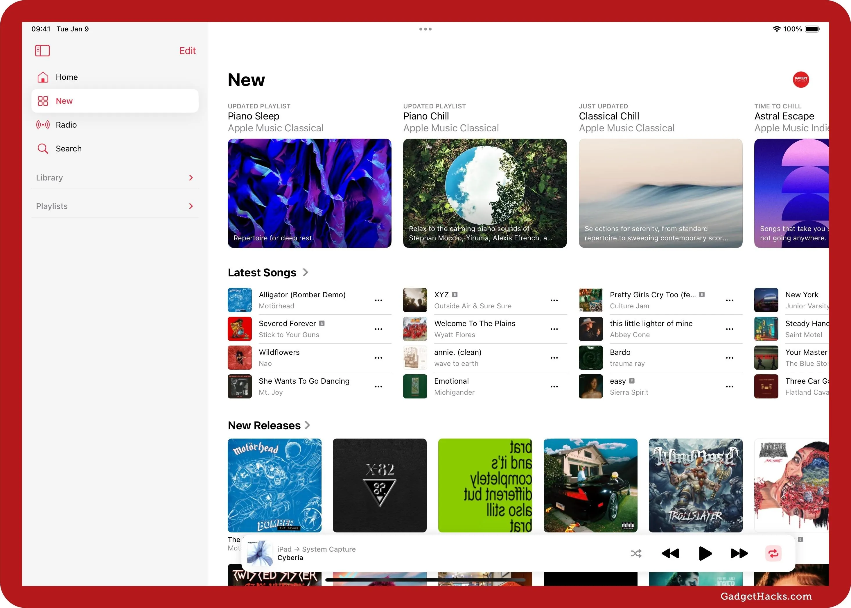 Music streaming interface showcasing new releases and featured albums.