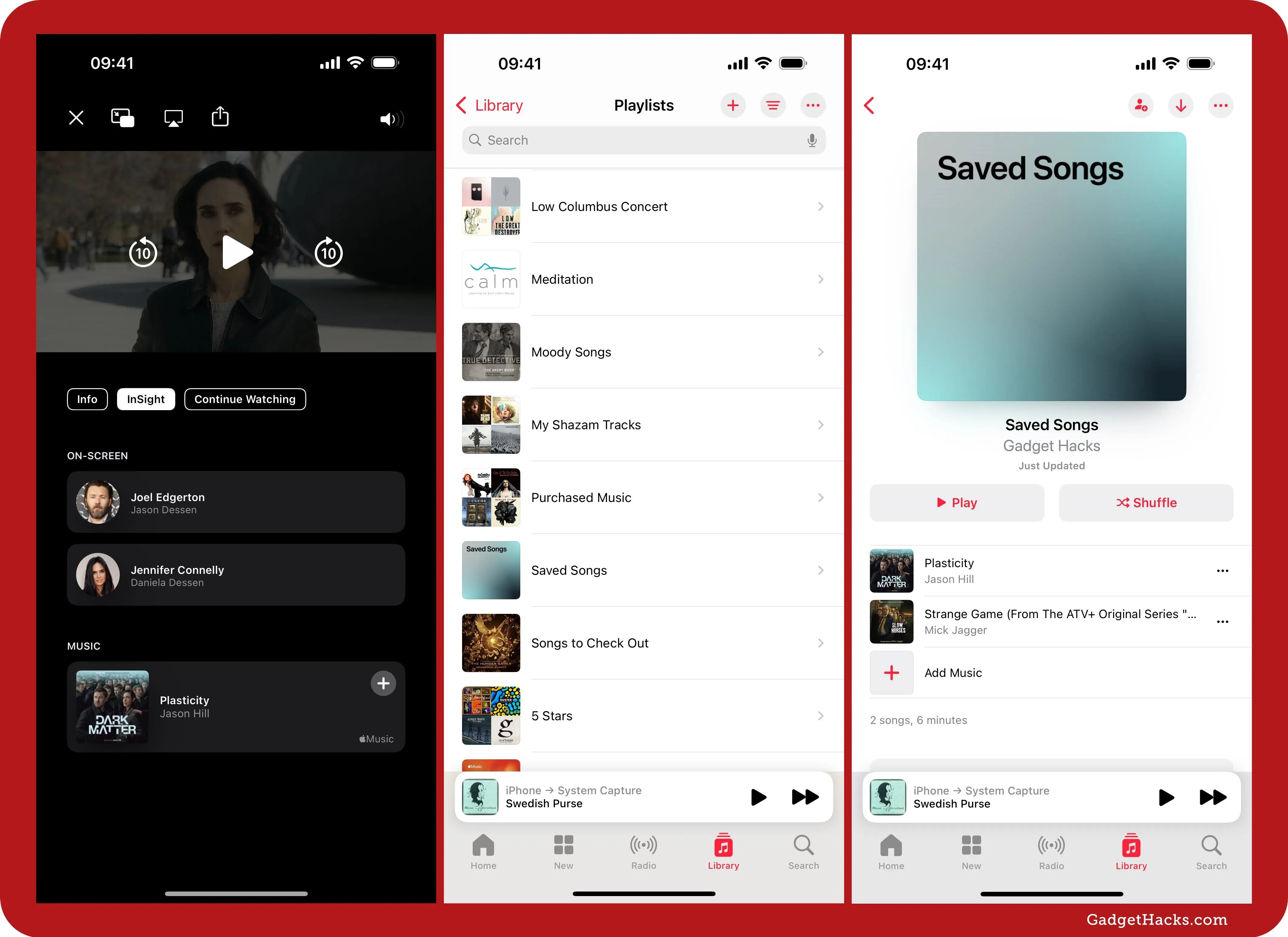 User interface screenshots of a music application displaying a video player, playlist, and saved songs.