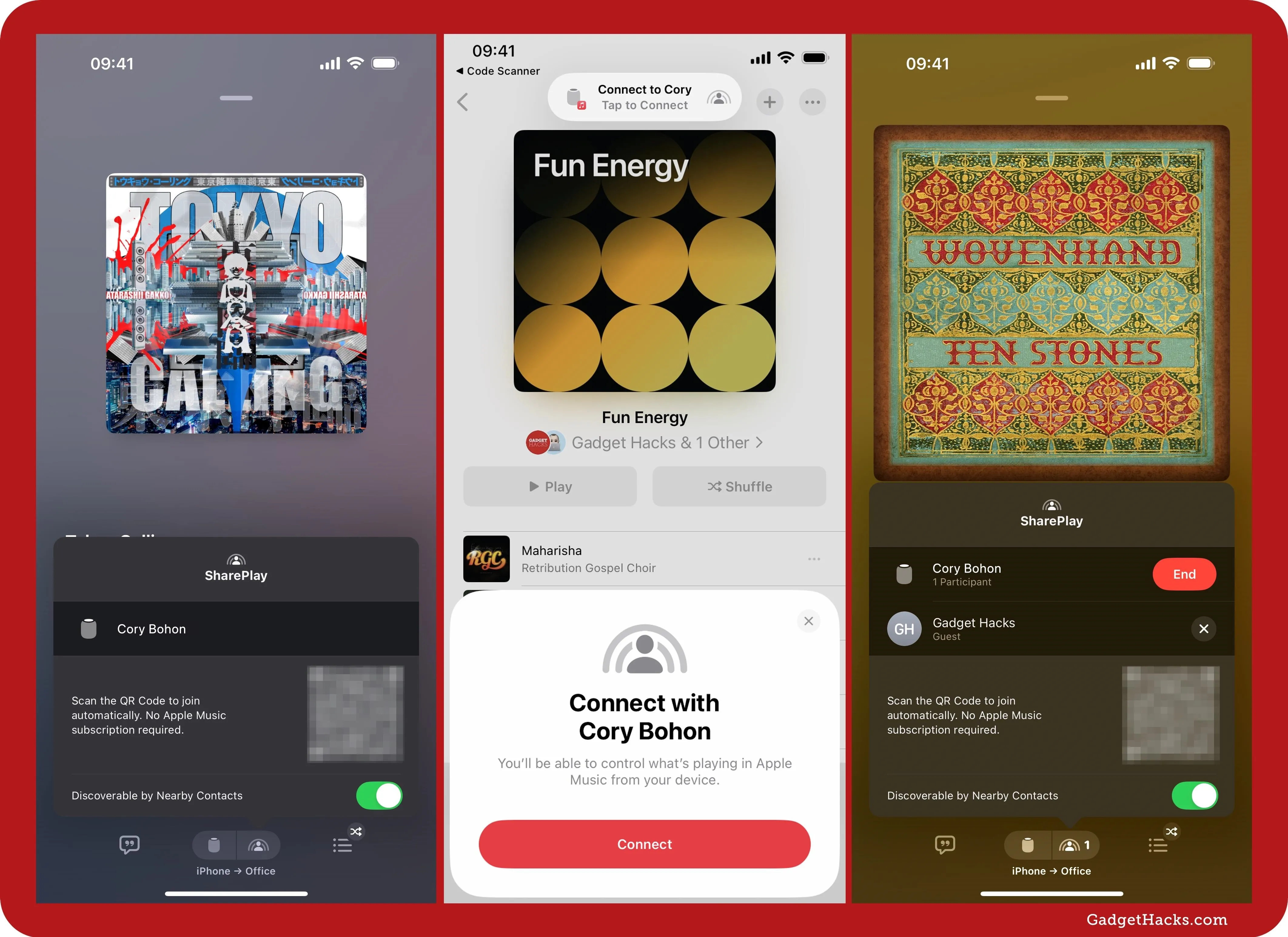Mobile app interface displaying music playlists and social features.