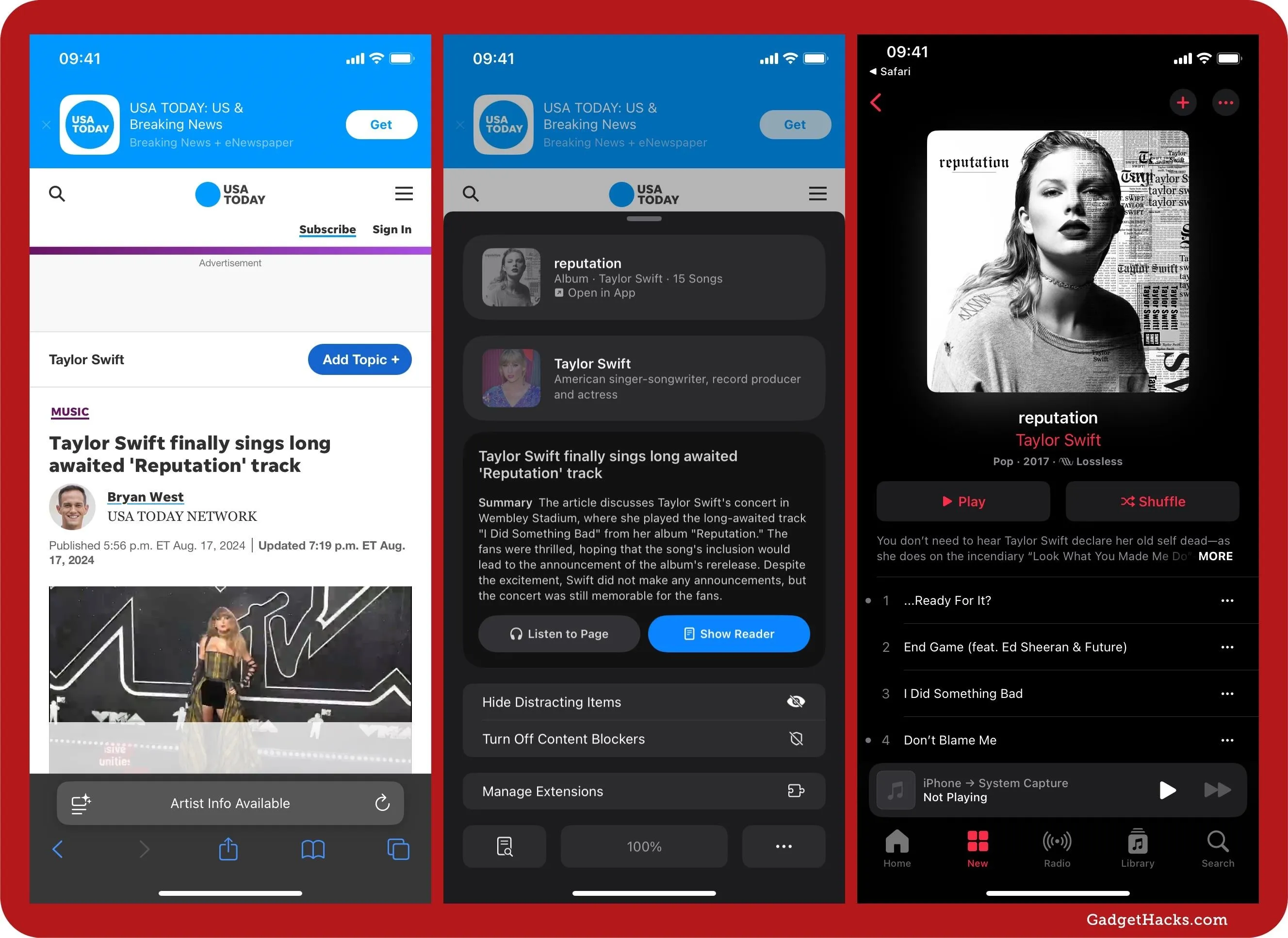 Screenshots of a mobile app displaying news and music content related to Taylor Swift.
