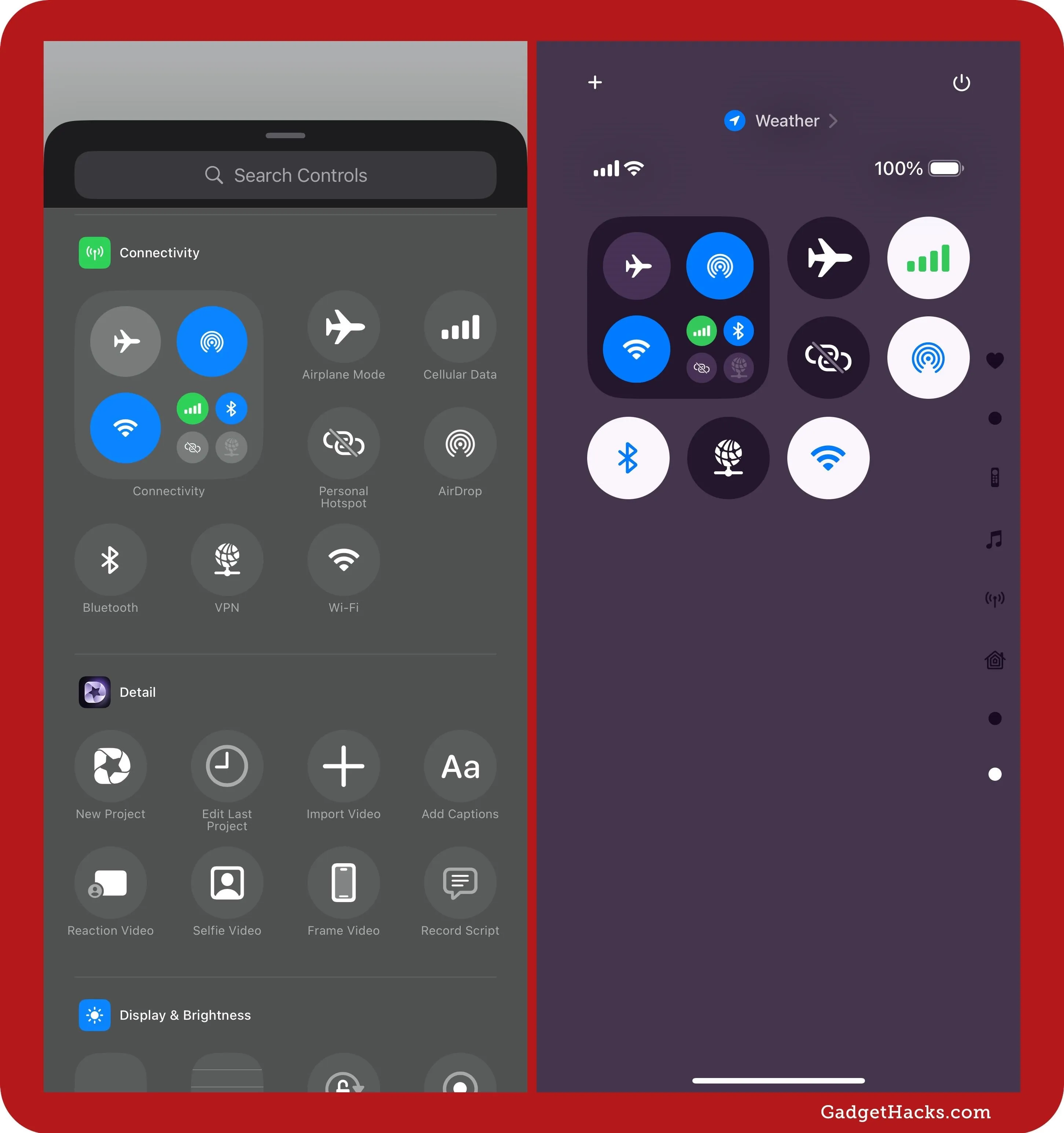 Mobile device control center interface showing settings options and connectivity features.