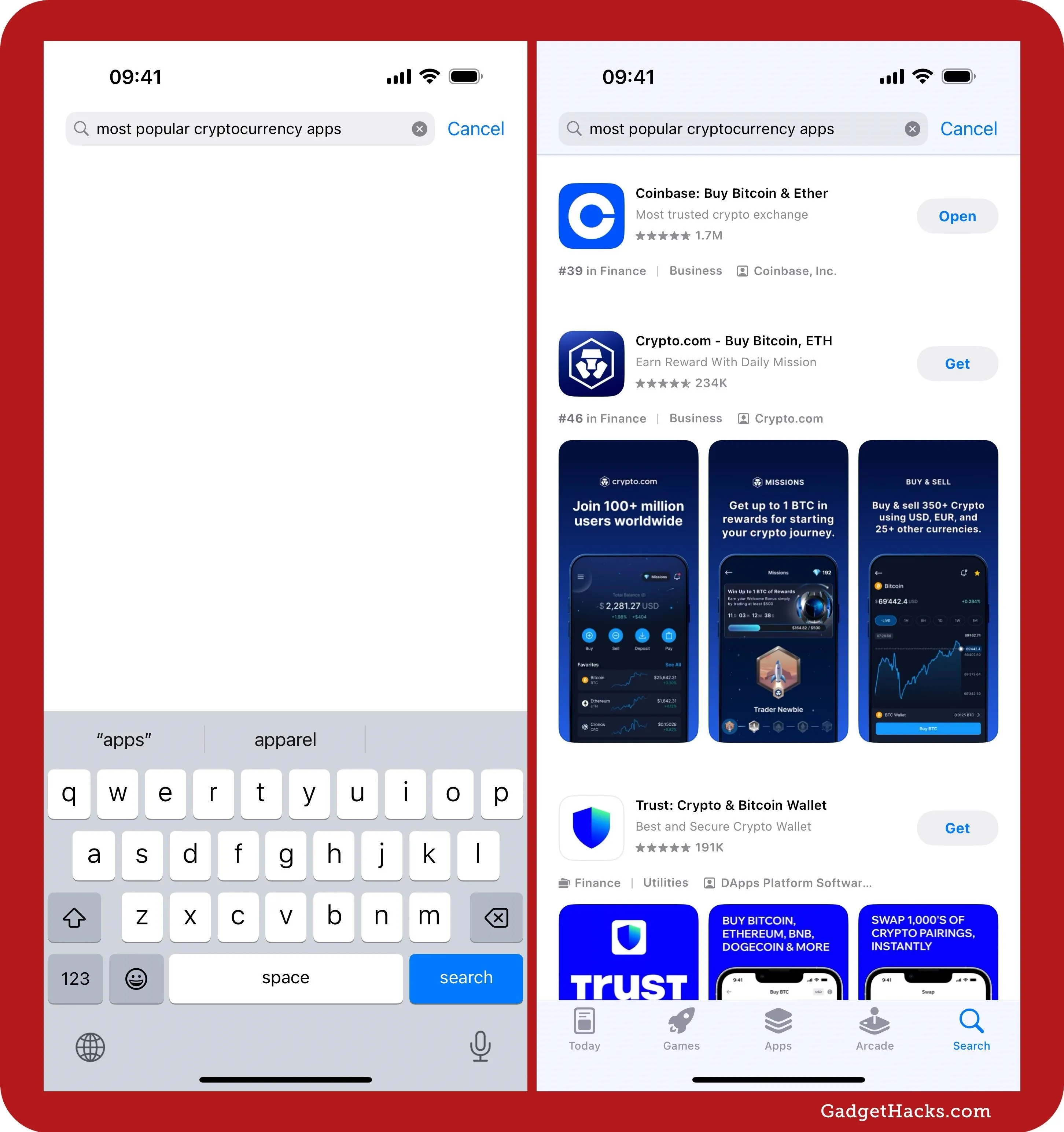 Mobile app search interface with keyboard on the left and app listings on the right.