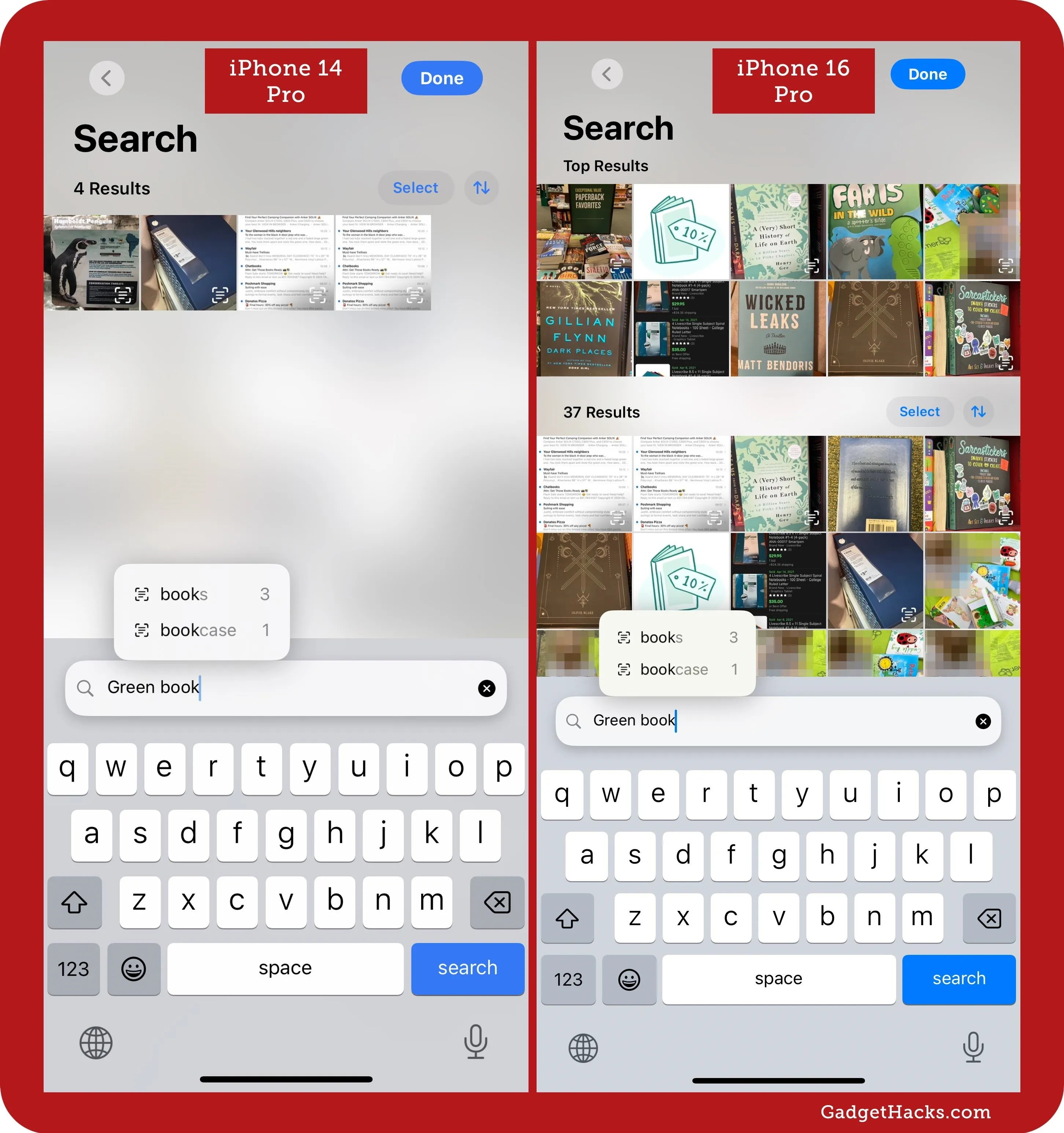 Photo showing a mobile phone's image search interface with keywords and preview images.