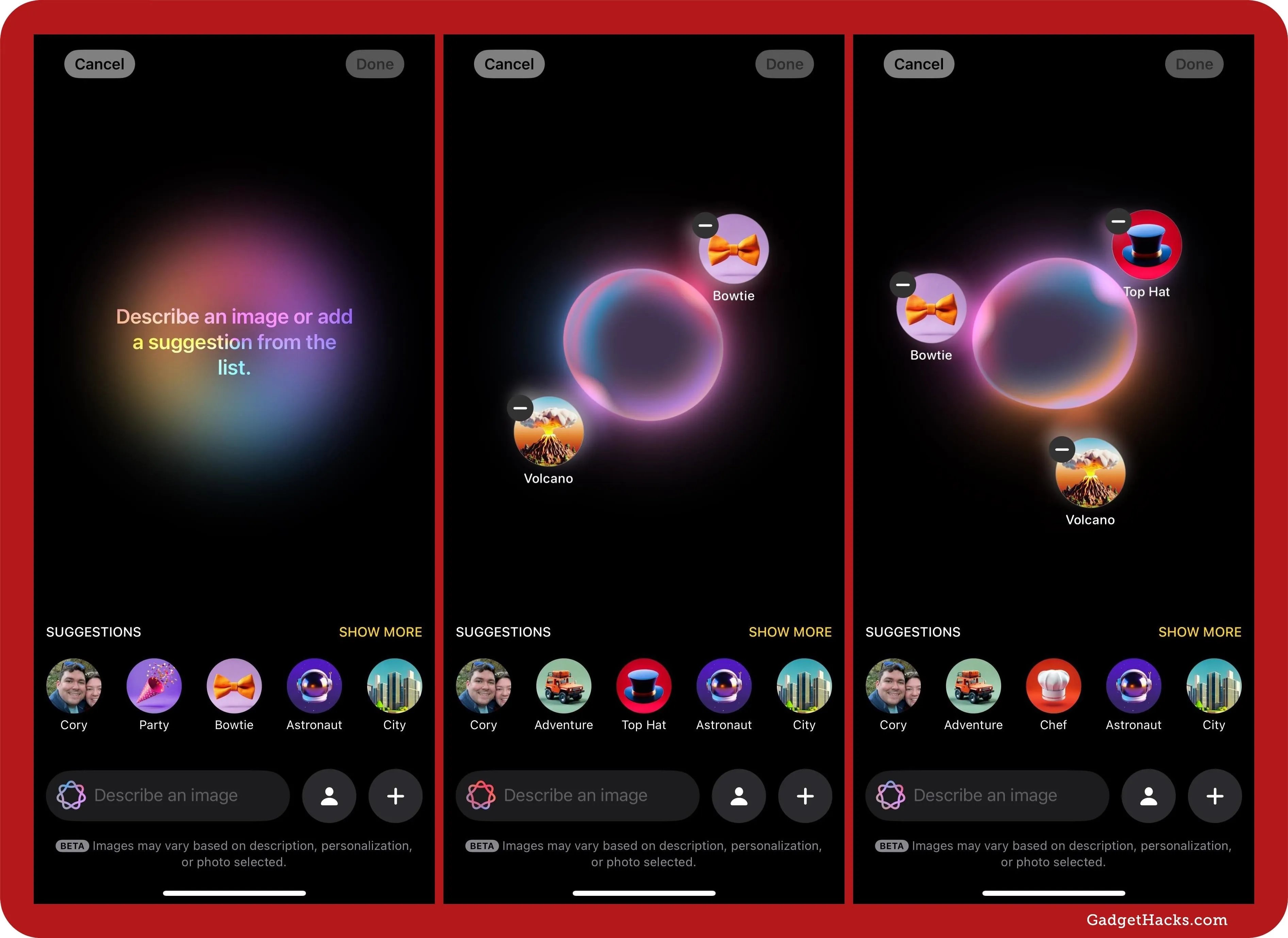 Screenshots of a mobile app interface displaying various user profiles and a creative prompt.