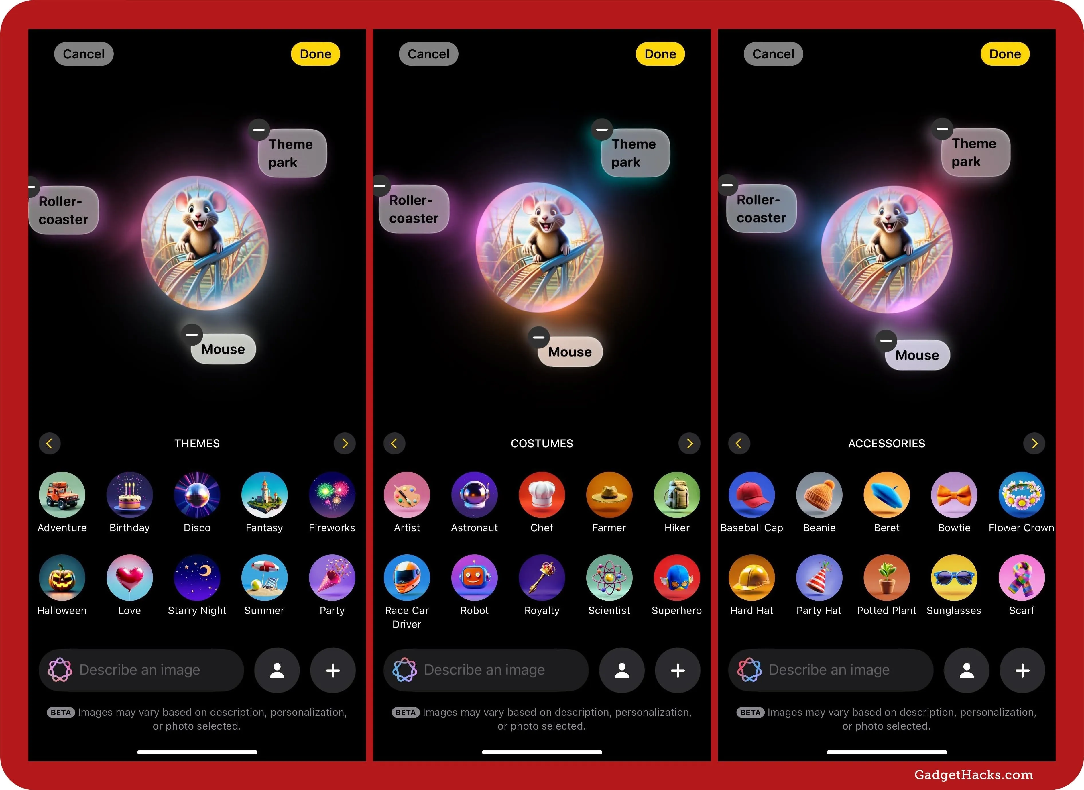 Colorful app interface showcasing various themes and filters for photo editing.