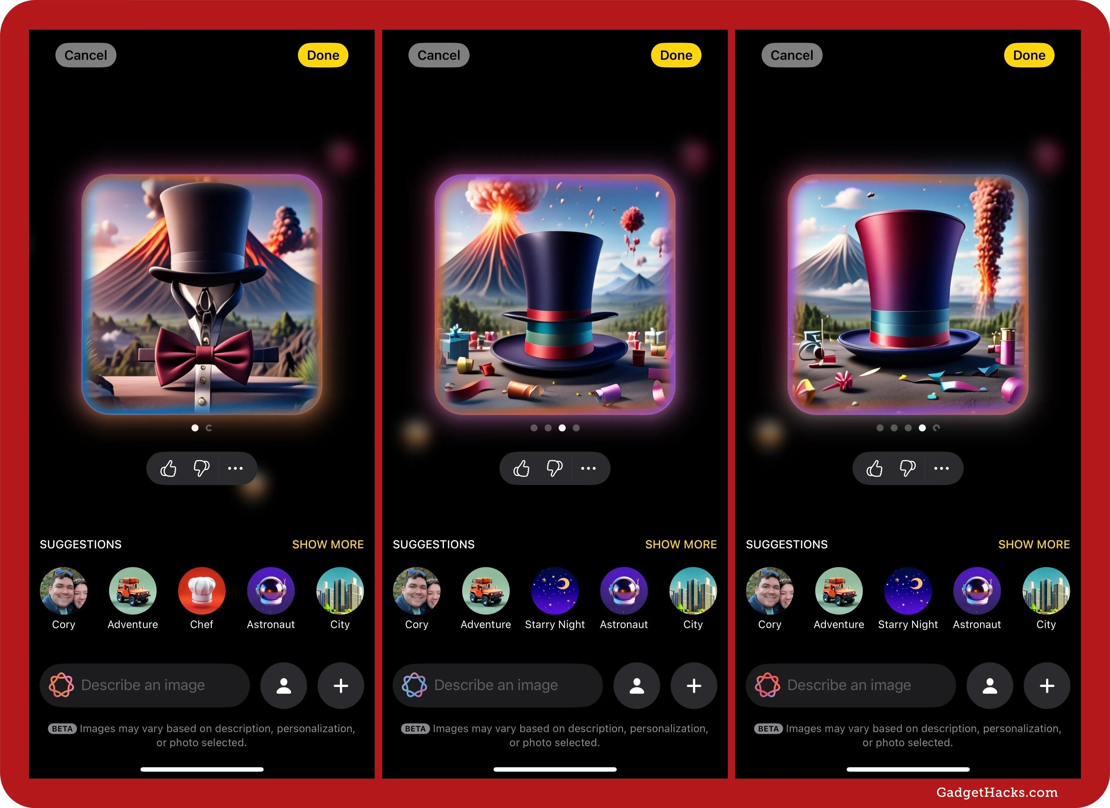 Three colorful digital illustrations of a top hat in various scenic backgrounds, featuring volcanoes and fireworks.
