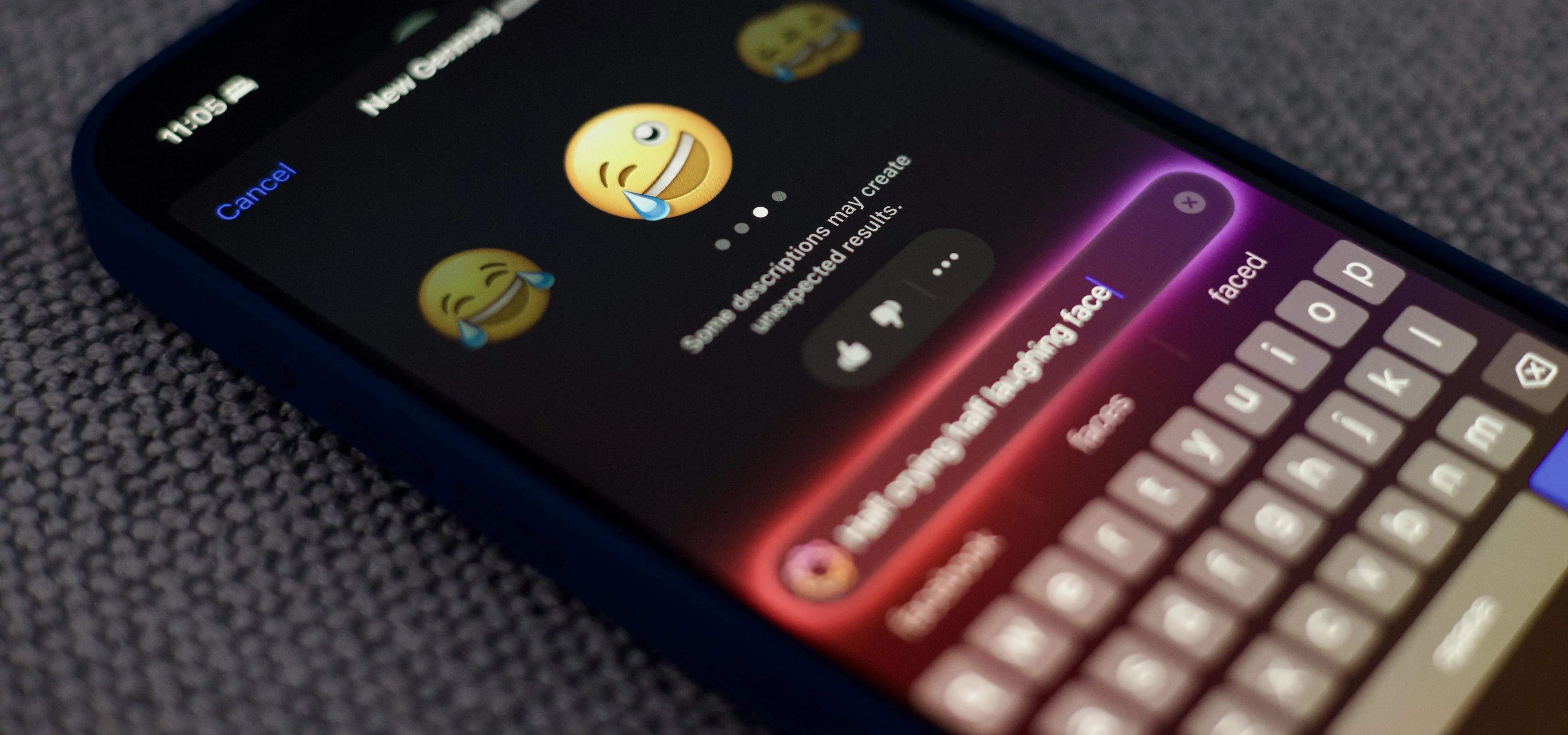 Mobile phone displaying a messaging app interface with emojis and a text input field.