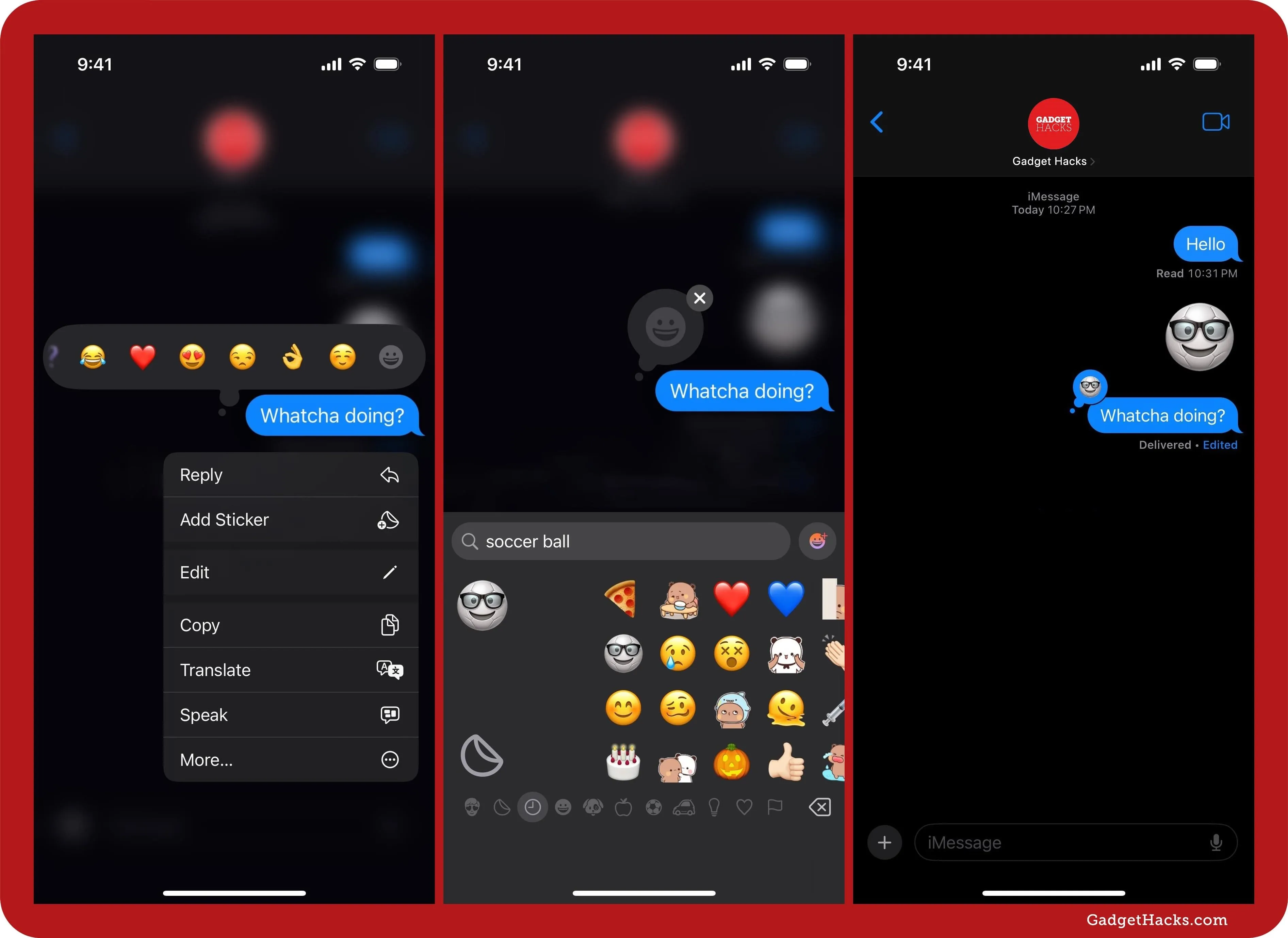 Screenshots of a messaging app interface displaying emoji and text conversations.