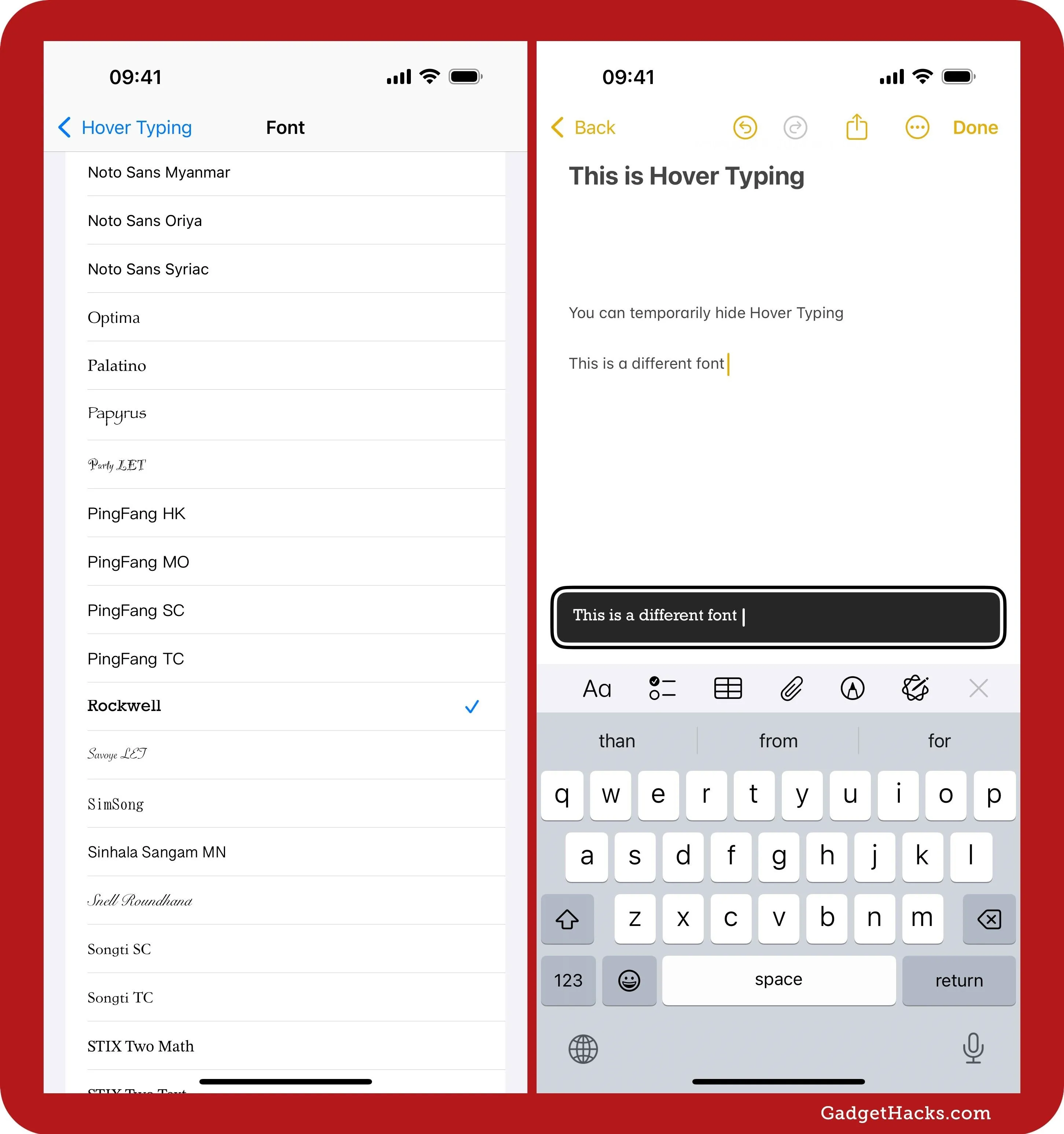 A split-screen view of a mobile app displaying a list of items on the left and a text input interface on the right with a keyboard.