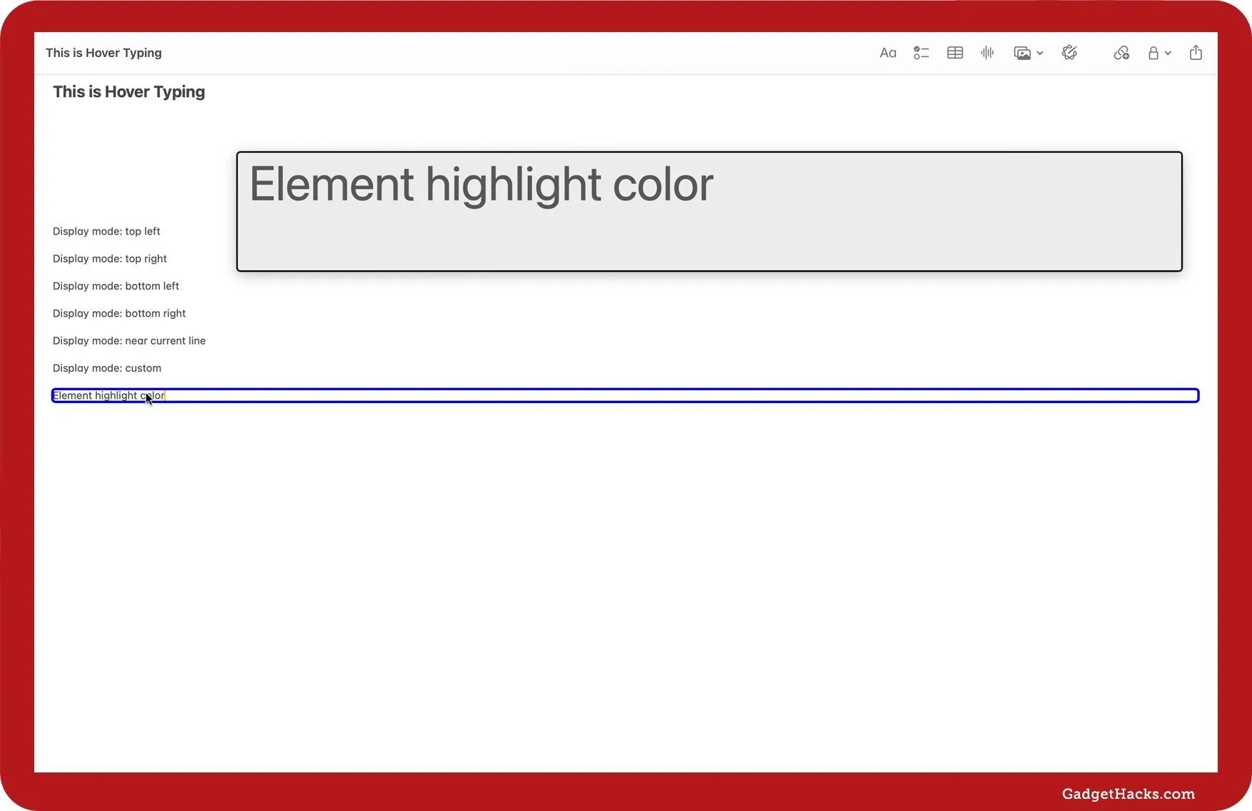 Element highlight color input field in a text editor.