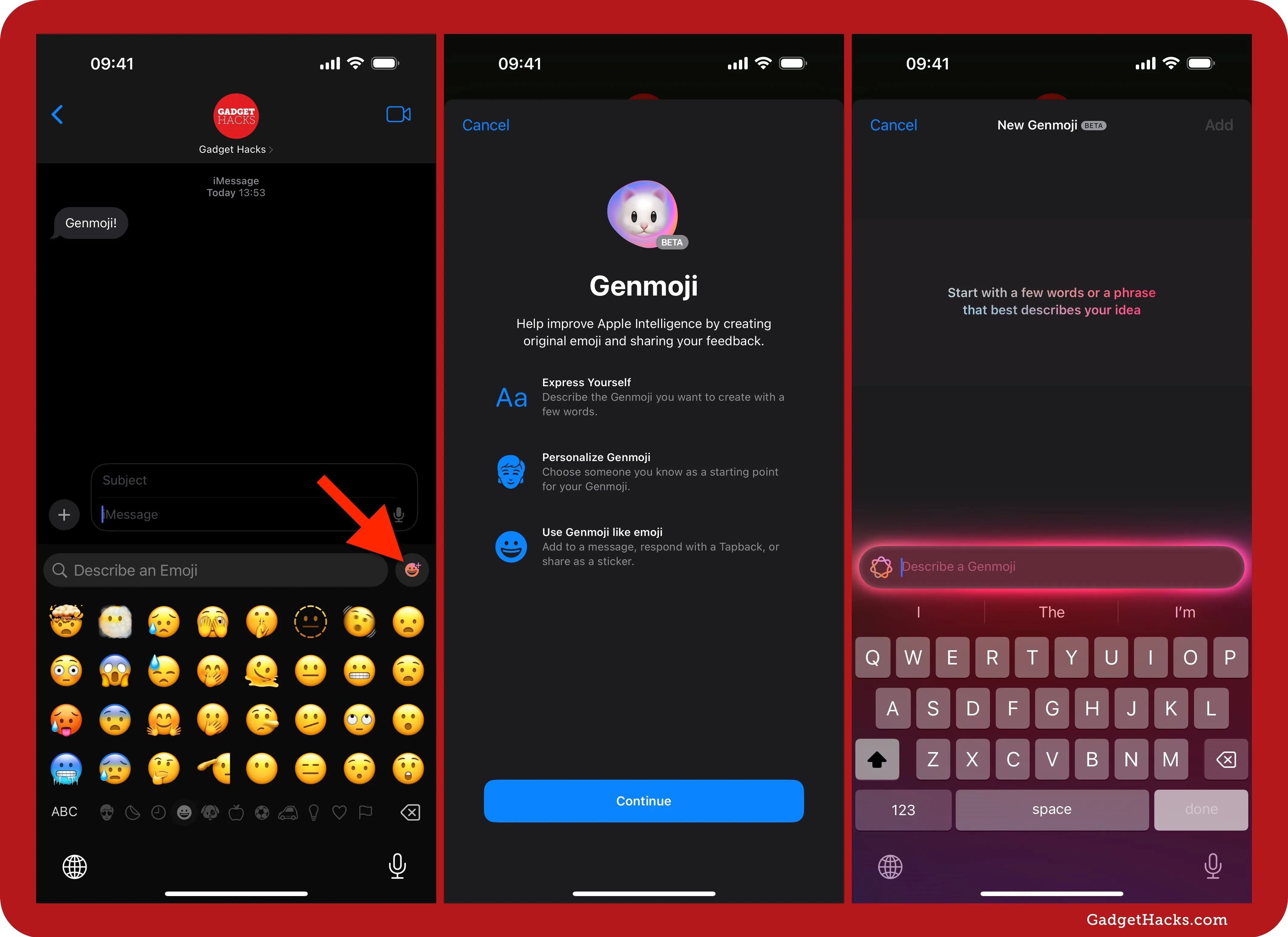 Screenshots of a messaging app's chat interface showing emoji selection and settings options.