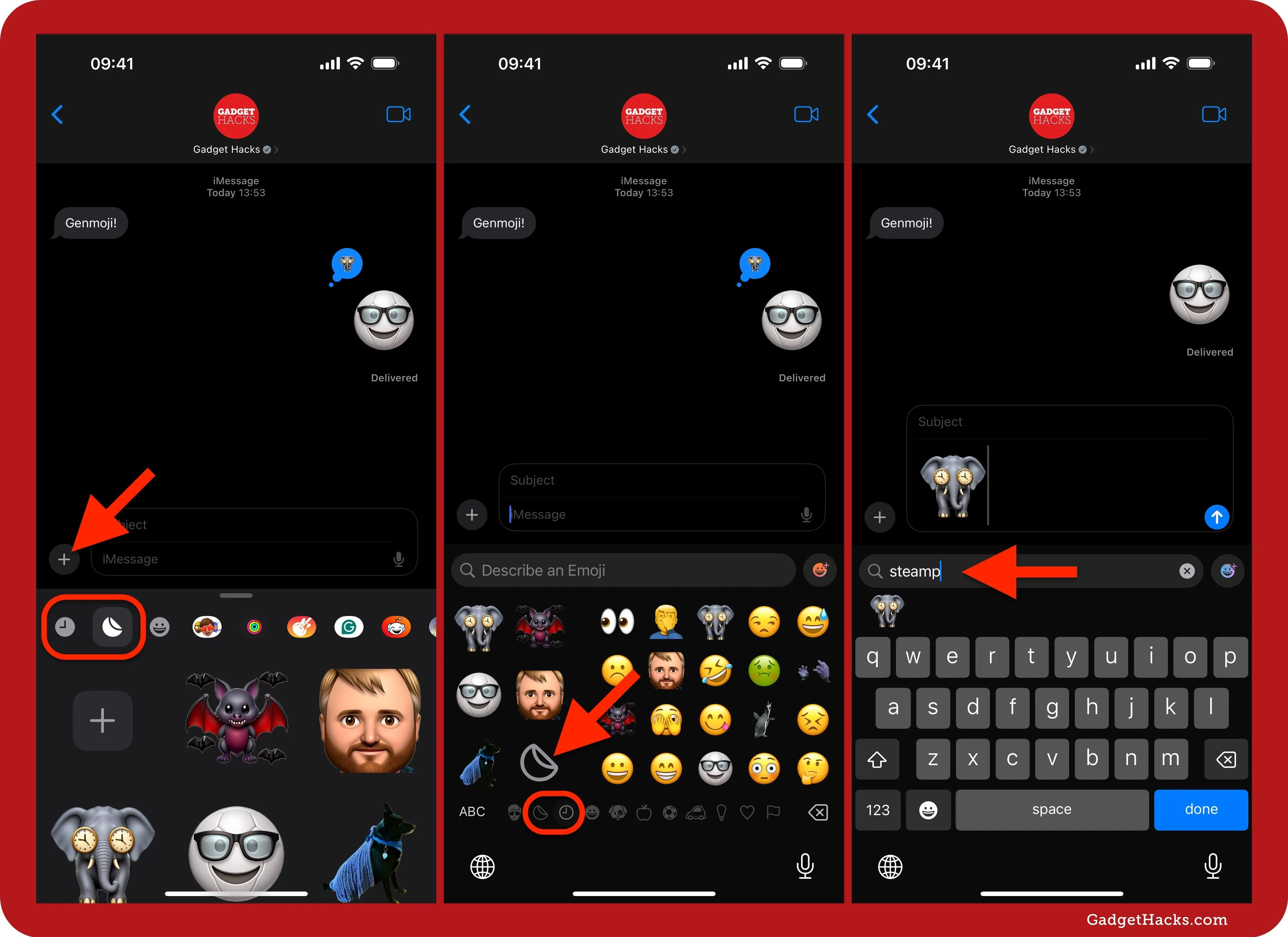 Screenshots of a messaging app showing emoji and sticker selection options.