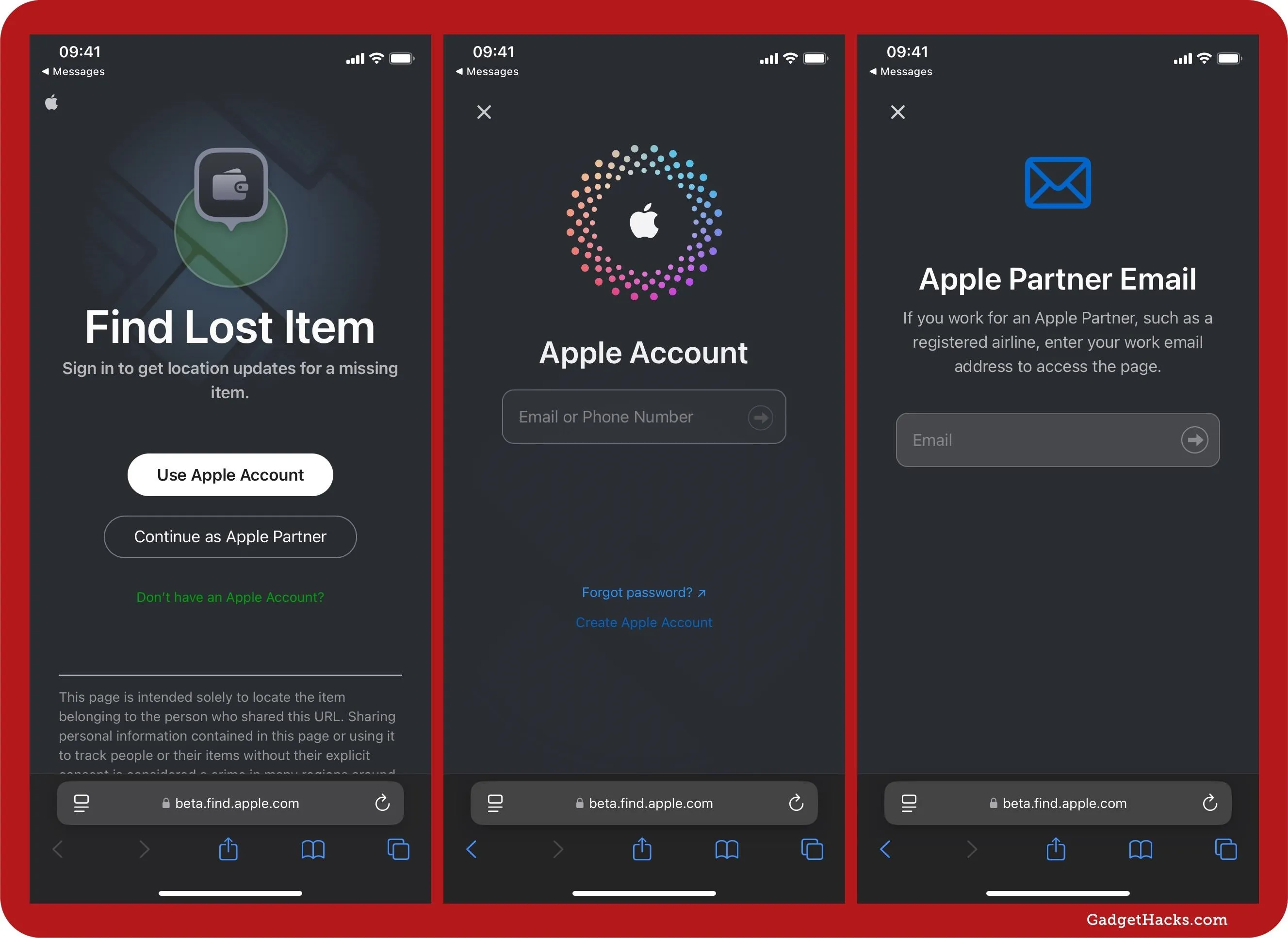 Screenshots of an app interface showing options for finding lost items, Apple account login, and partner email entry.