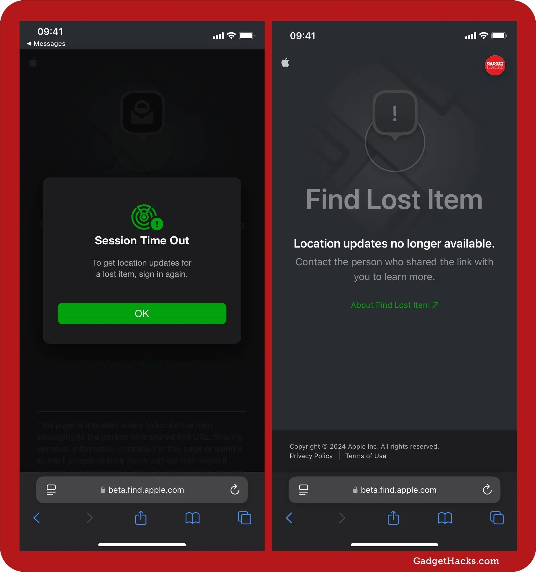 App interface displaying a "Session Timed Out" message and an option to "Find Lost Item."