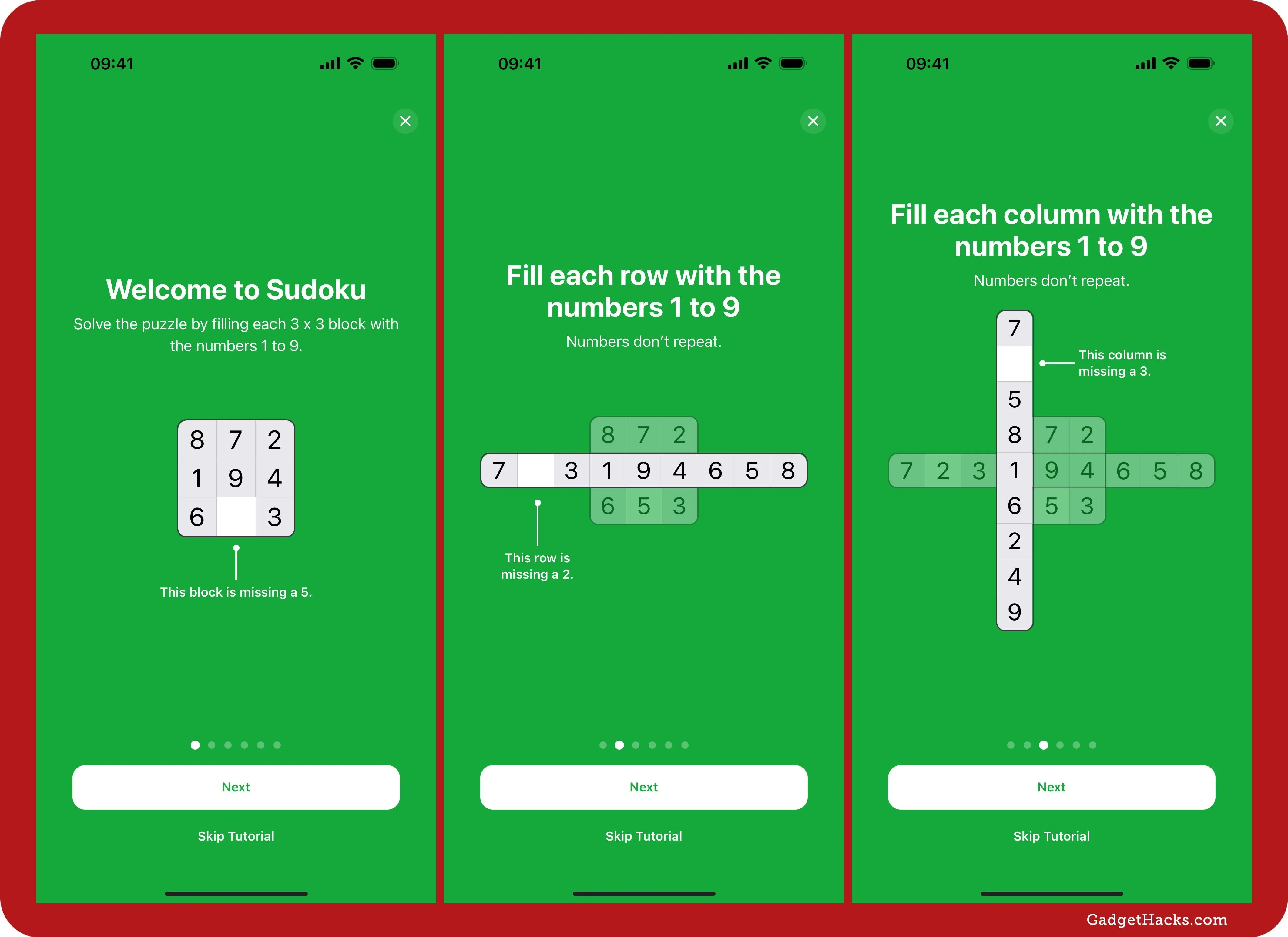 Sudoku game interface with instructions for filling rows and columns with numbers 1 to 9.