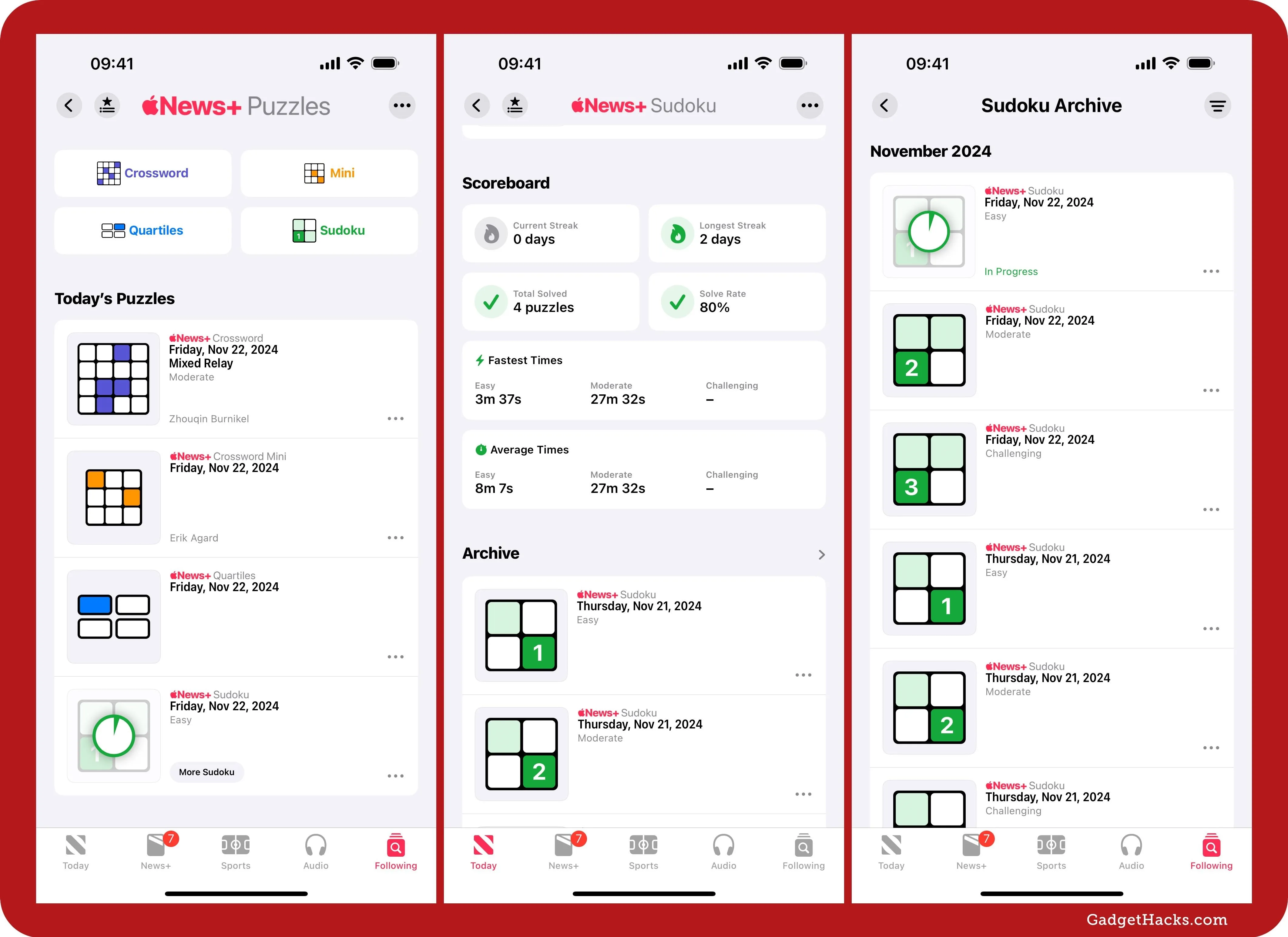 Screenshots of a mobile app interface displaying puzzles, user dashboard, and a calendar scheduler.