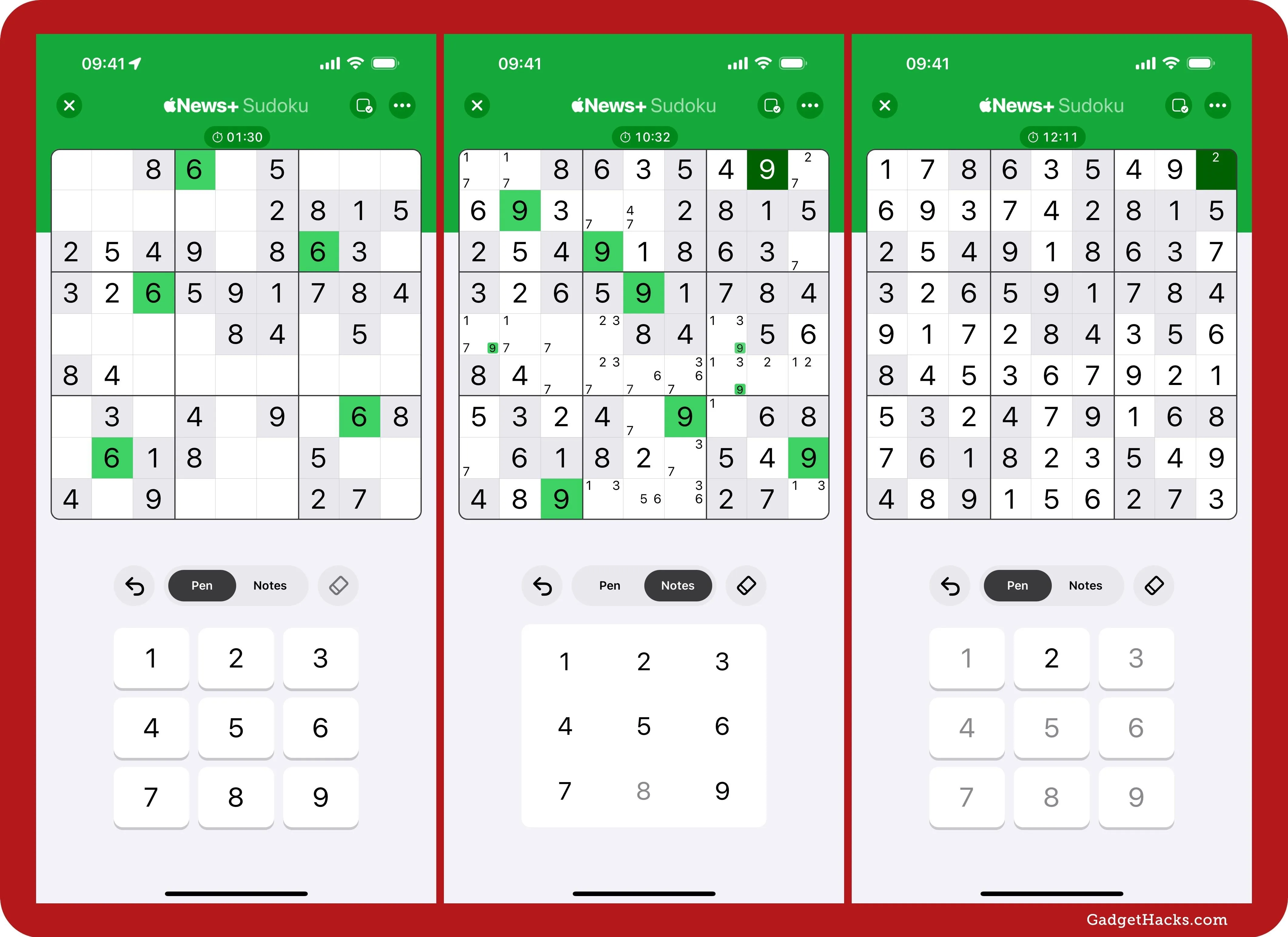 Mobile screen displaying a Sudoku game with highlighted numbers and notes.