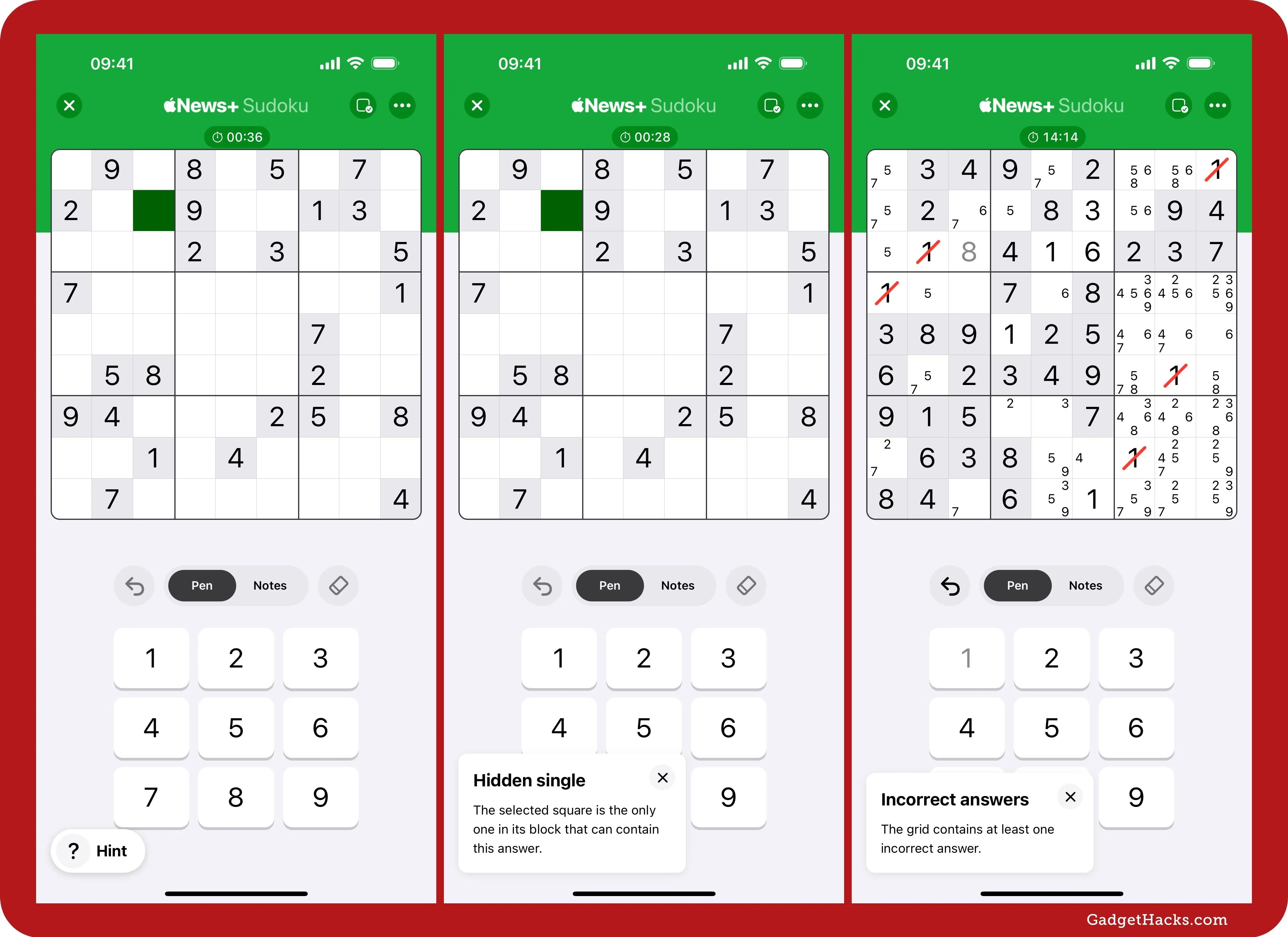 Screenshots of a Sudoku game app displaying multiple puzzle states and user input fields.