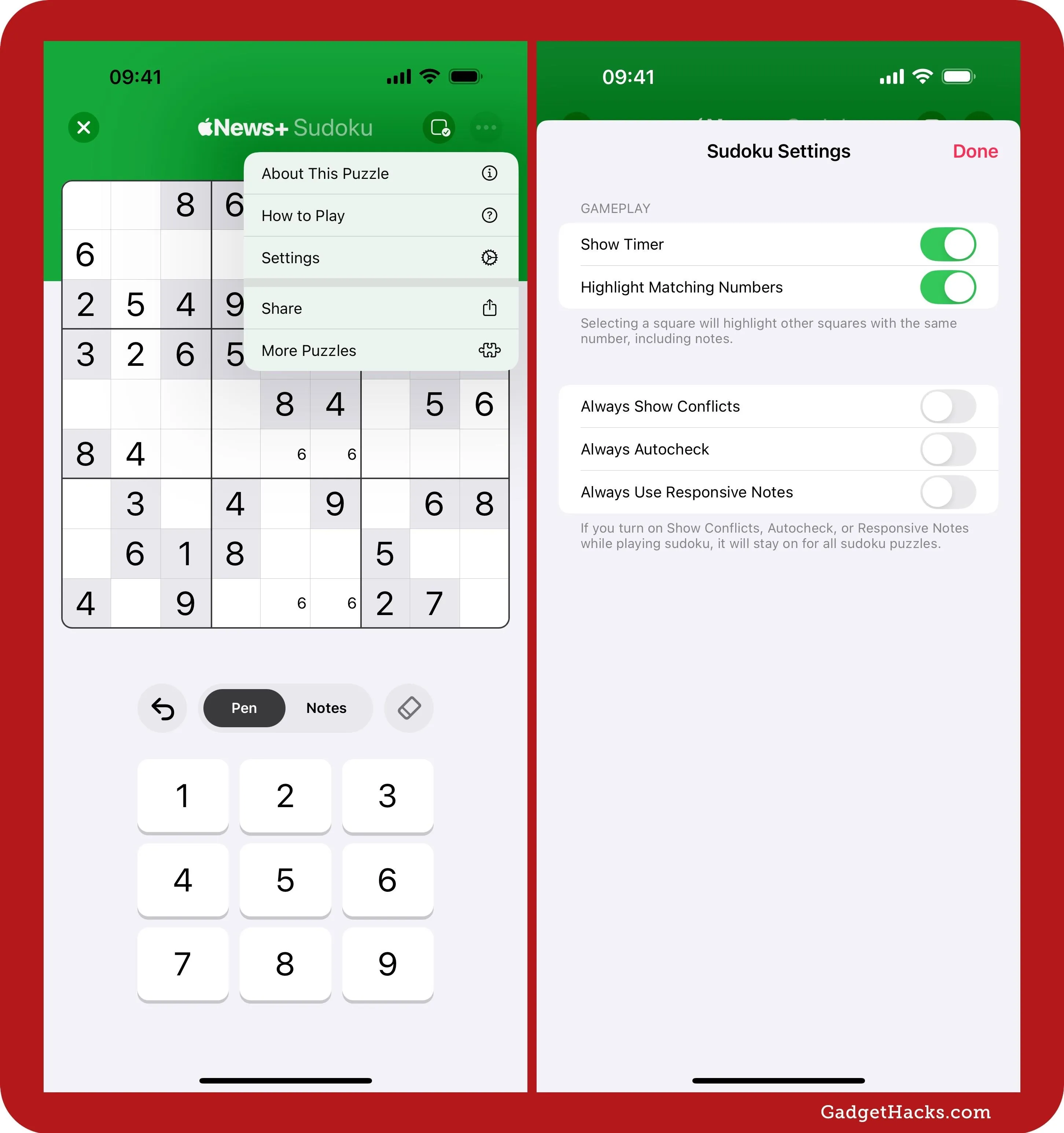 Sudoku game interface with number entry and settings options on a mobile device.