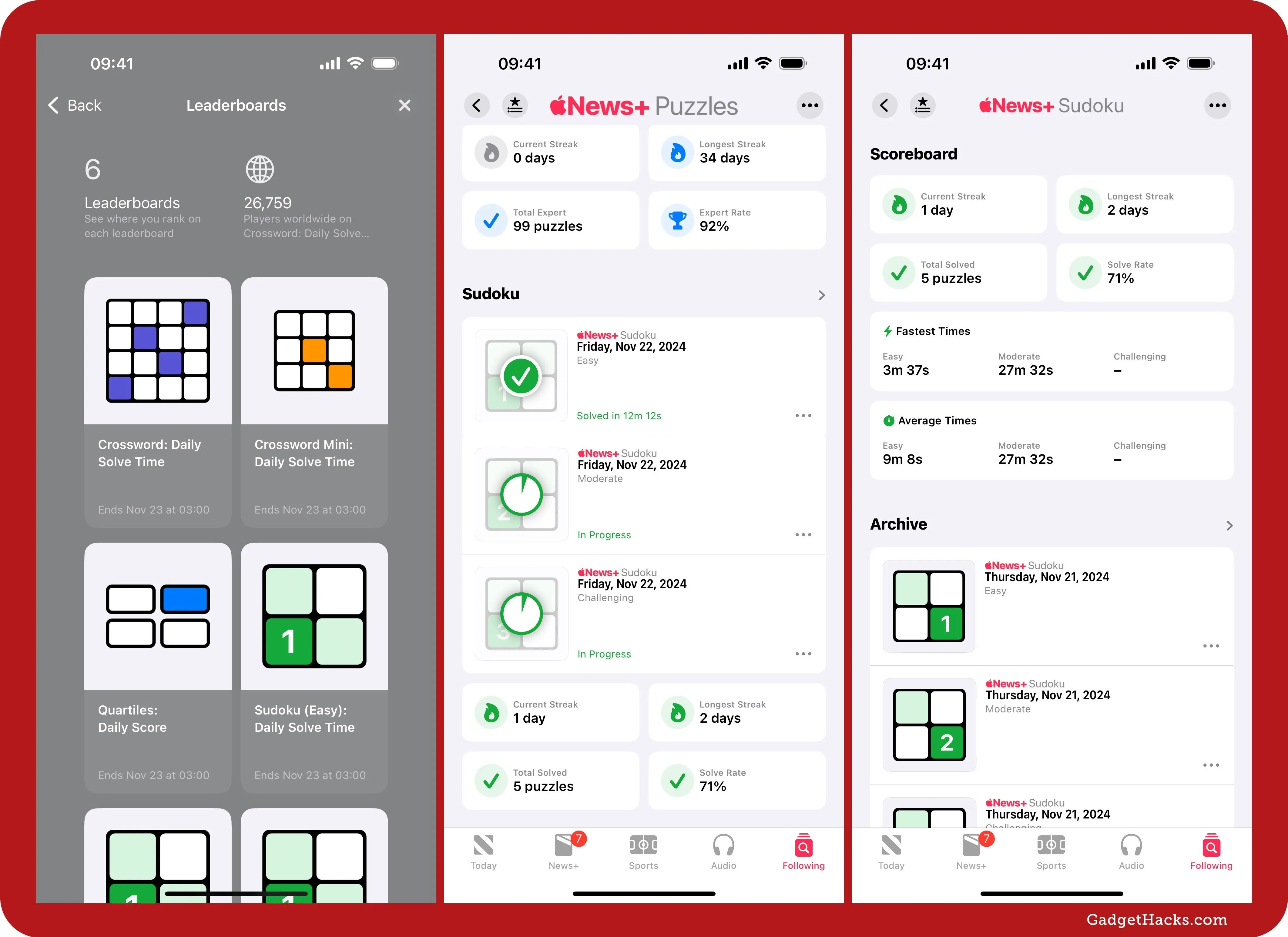 Screenshots of a puzzle-solving app interface showcasing various puzzle options, a dashboard, and activity features.