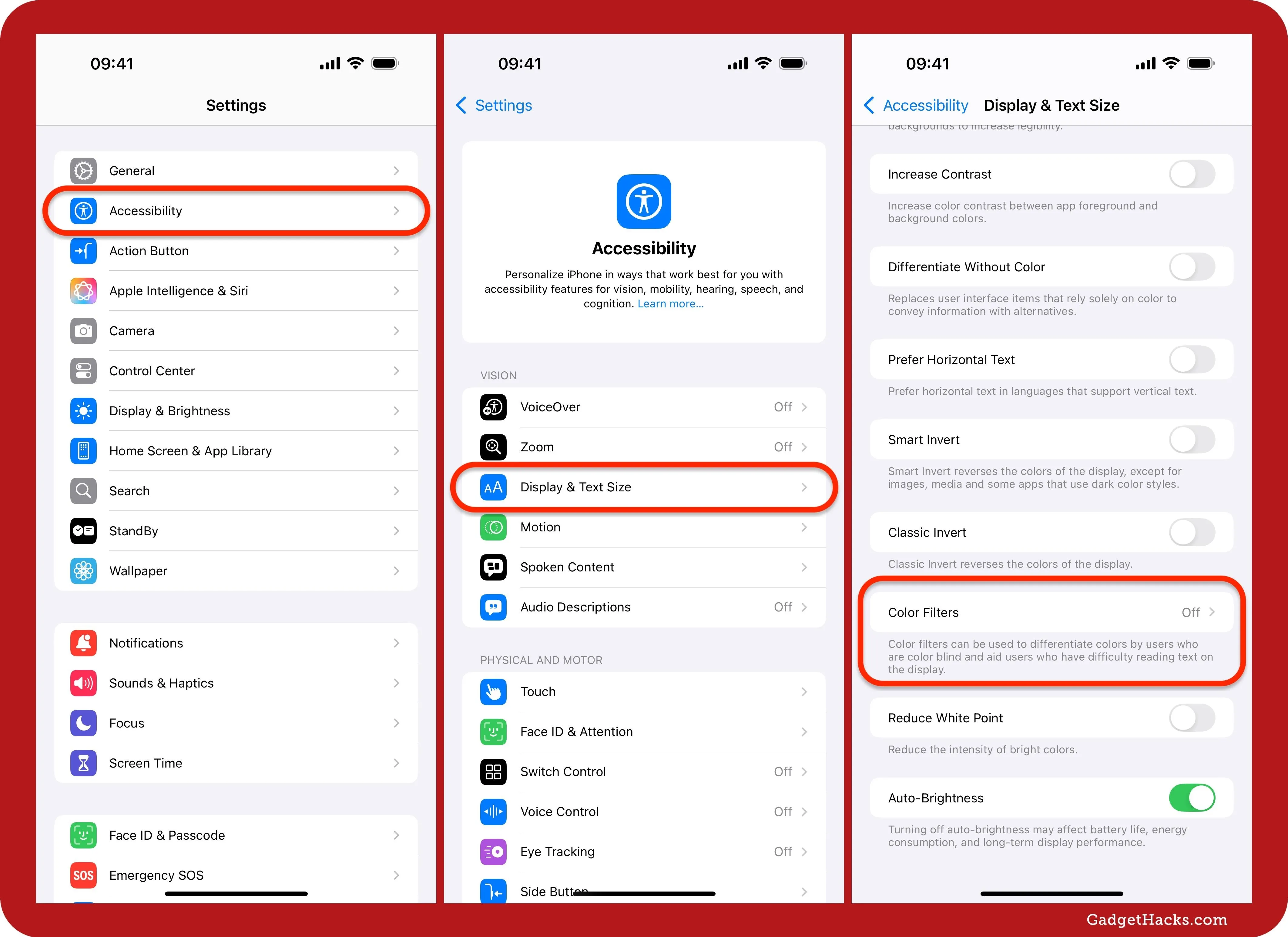 Accessibility settings on a device with highlighted options for screen time and audio settings.