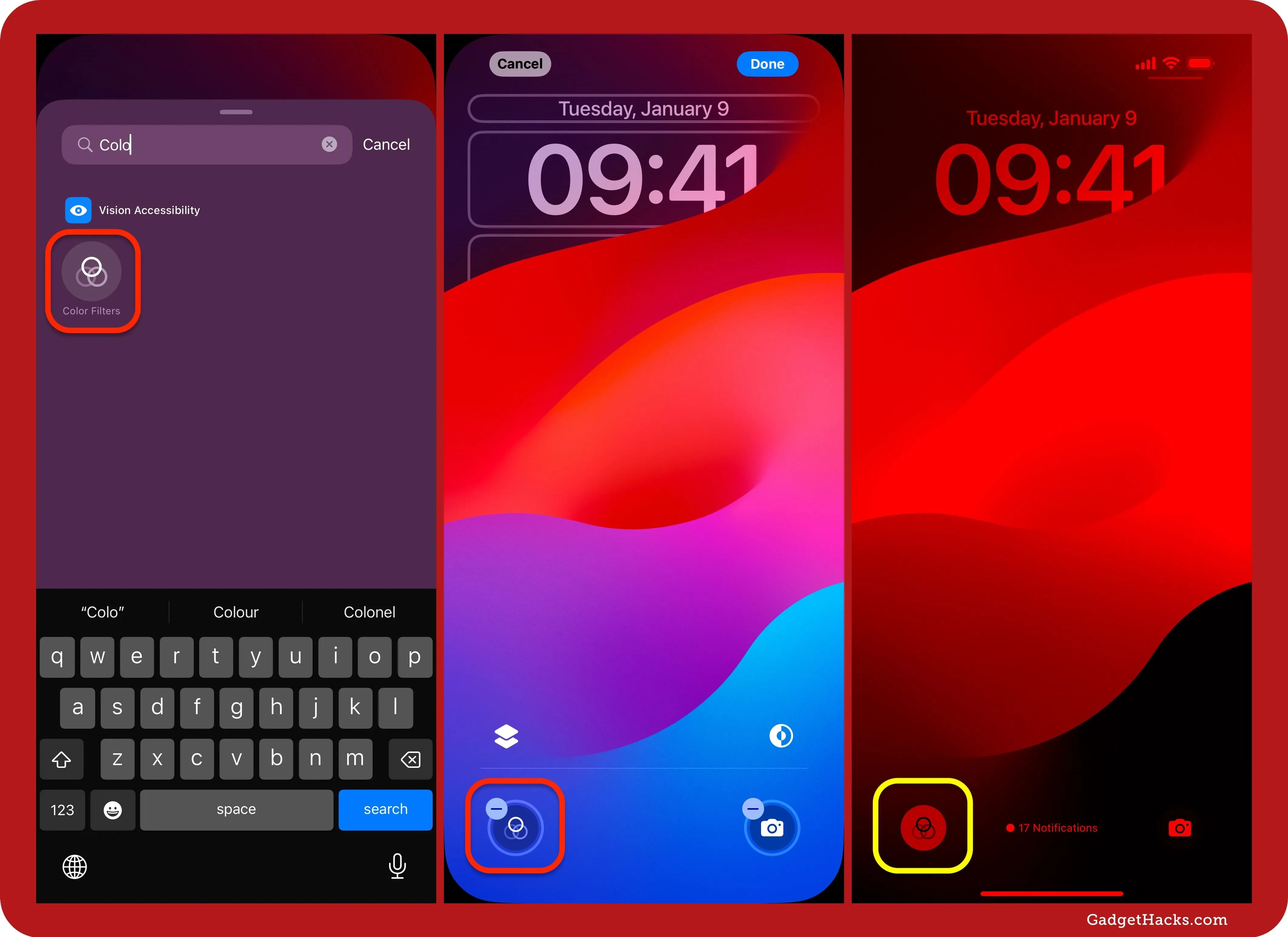 Screenshots of a smartphone displaying various lock screens and app interfaces.