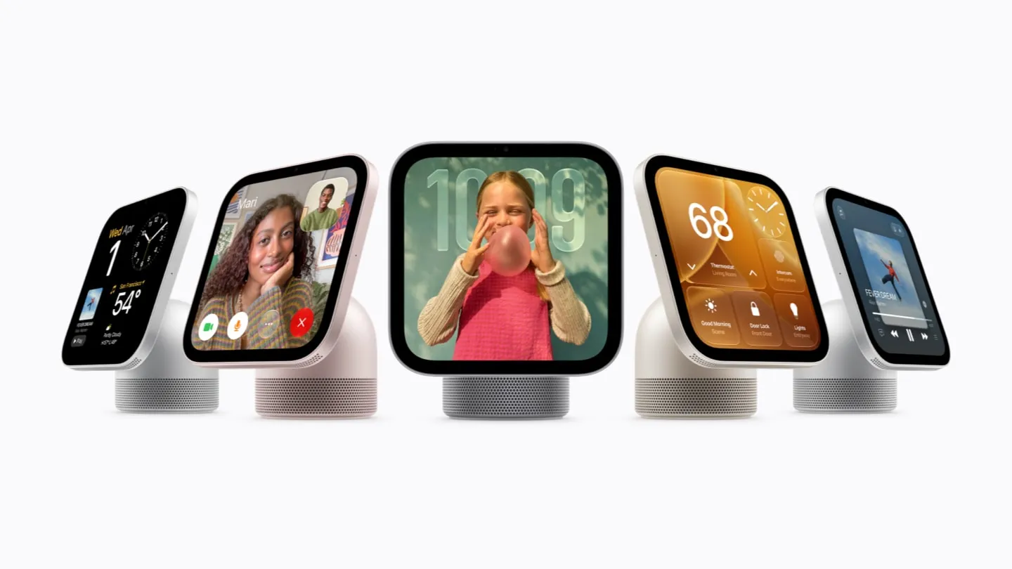 Apple HomeView smart displays showcasing FaceTime, weather, smart home controls, and entertainment features from Apple's 2026 smart home lineup