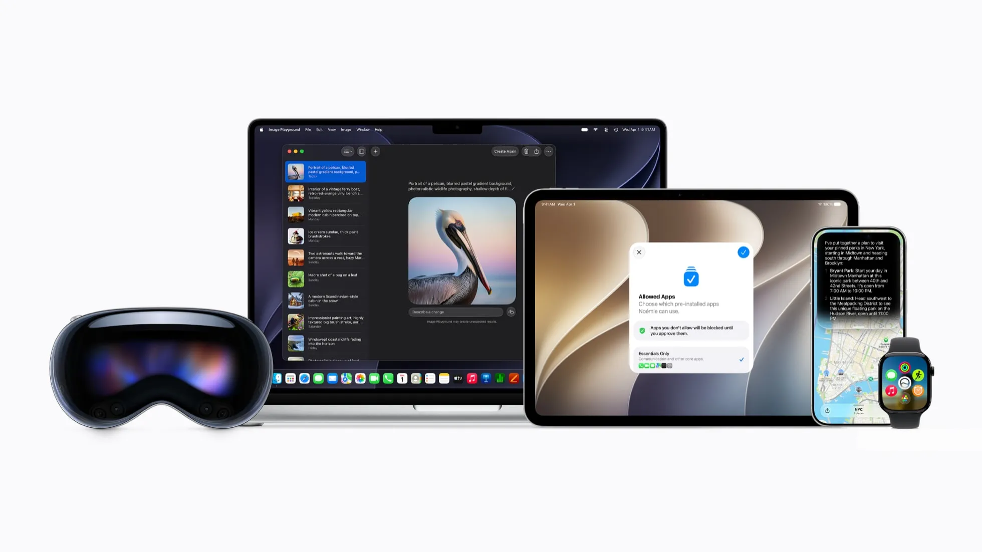 Apple Vision Pro, MacBook, iPad, iPhone, and Apple Watch displaying features from Apple’s OS 27 software updates